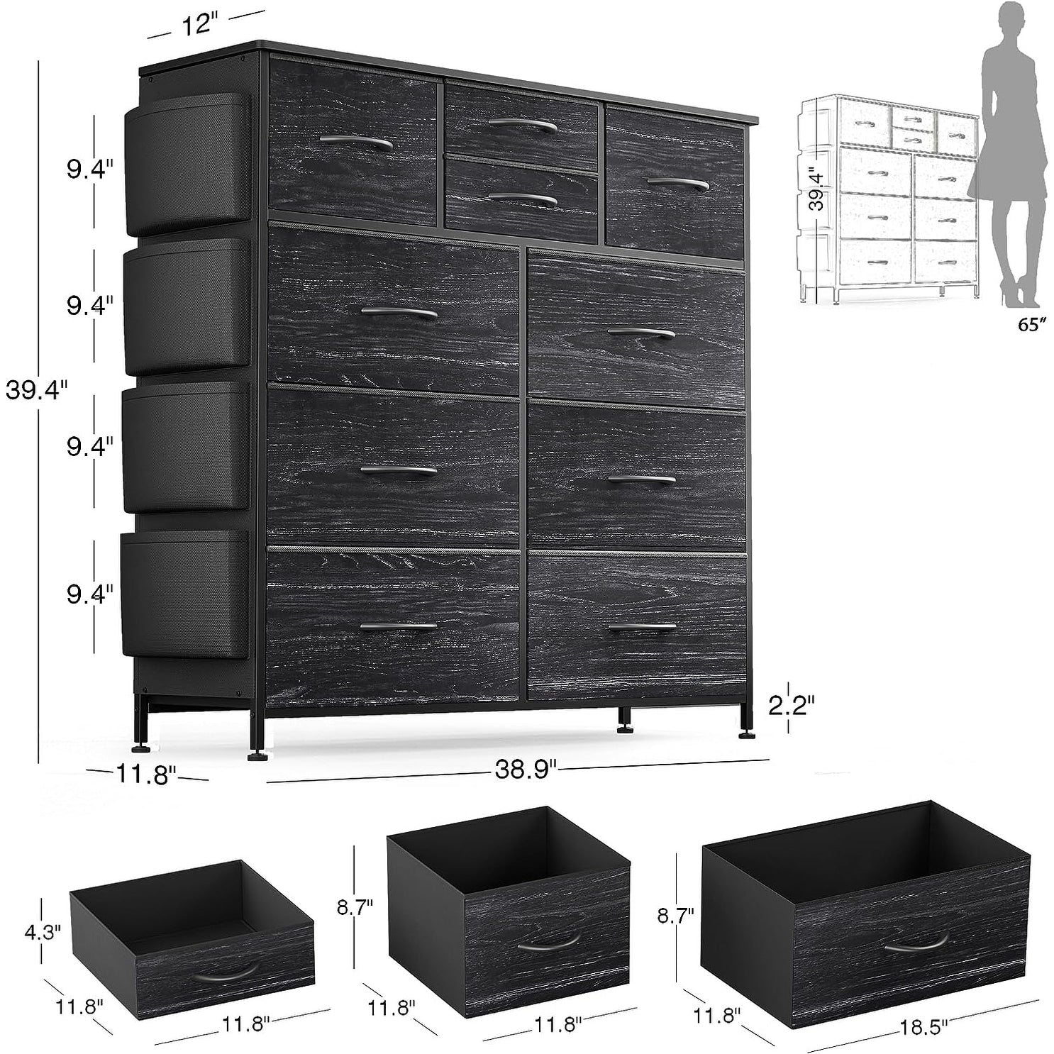 Commode à 10 tiroirs en tissu, armoire de rangement, tour de rangement, unité de rangement pour chambre à coucher