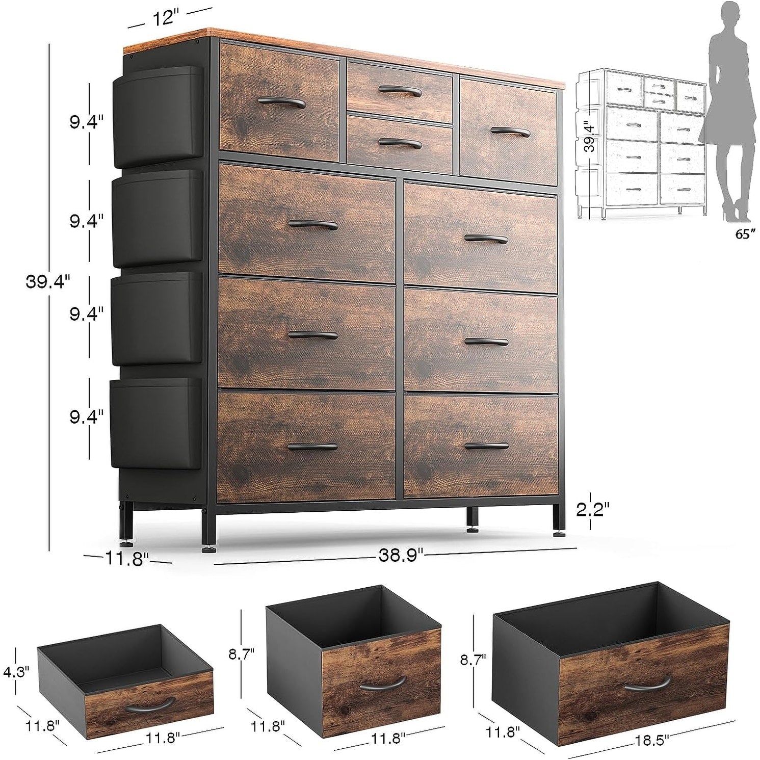 Commode à 10 tiroirs en tissu, armoire de rangement, tour de rangement, unité de rangement pour chambre à coucher