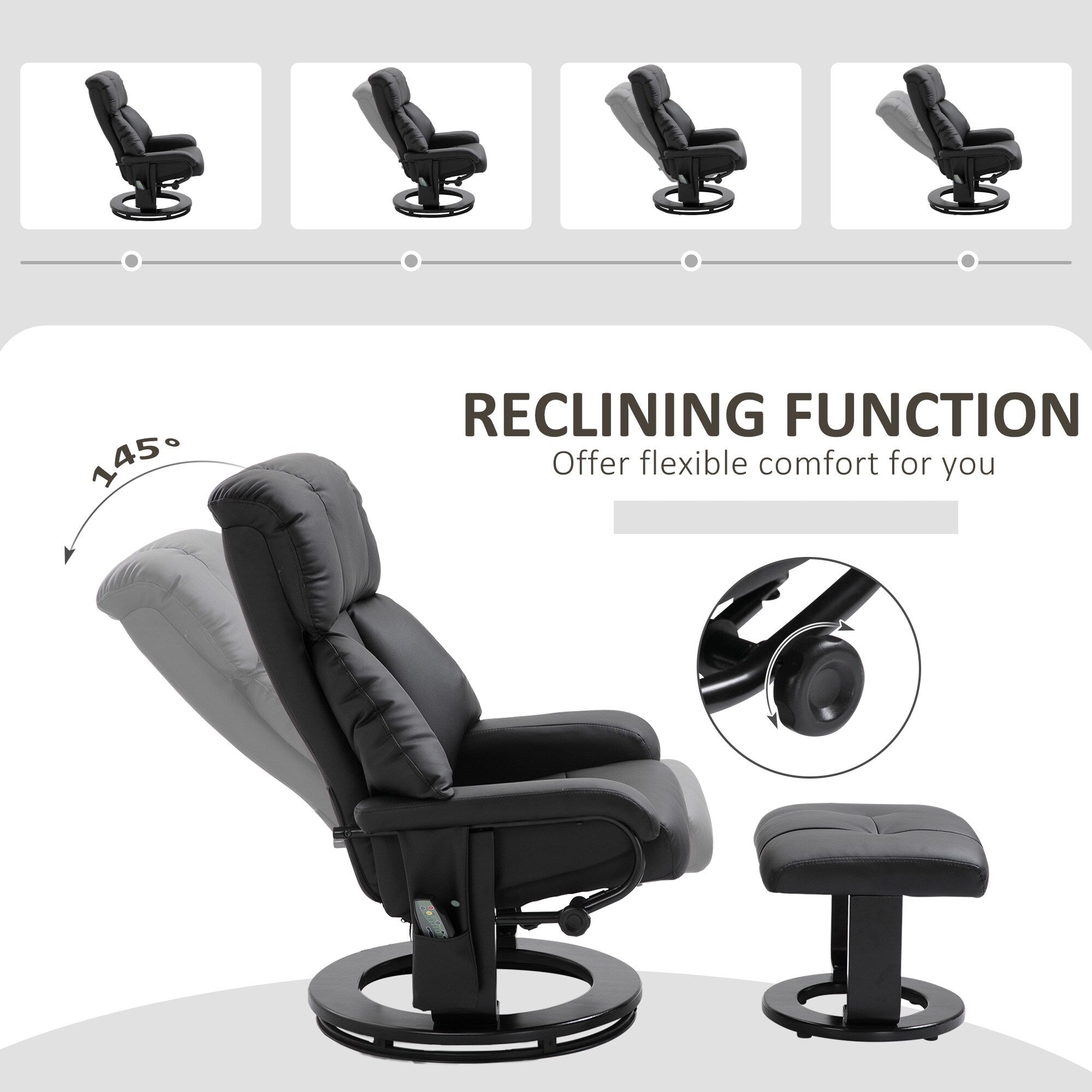Fauteuil de massage à vibrations à 10 points, pivotant et inclinable, en cuir PU, avec dossier réglable, repose-pieds et télécommande