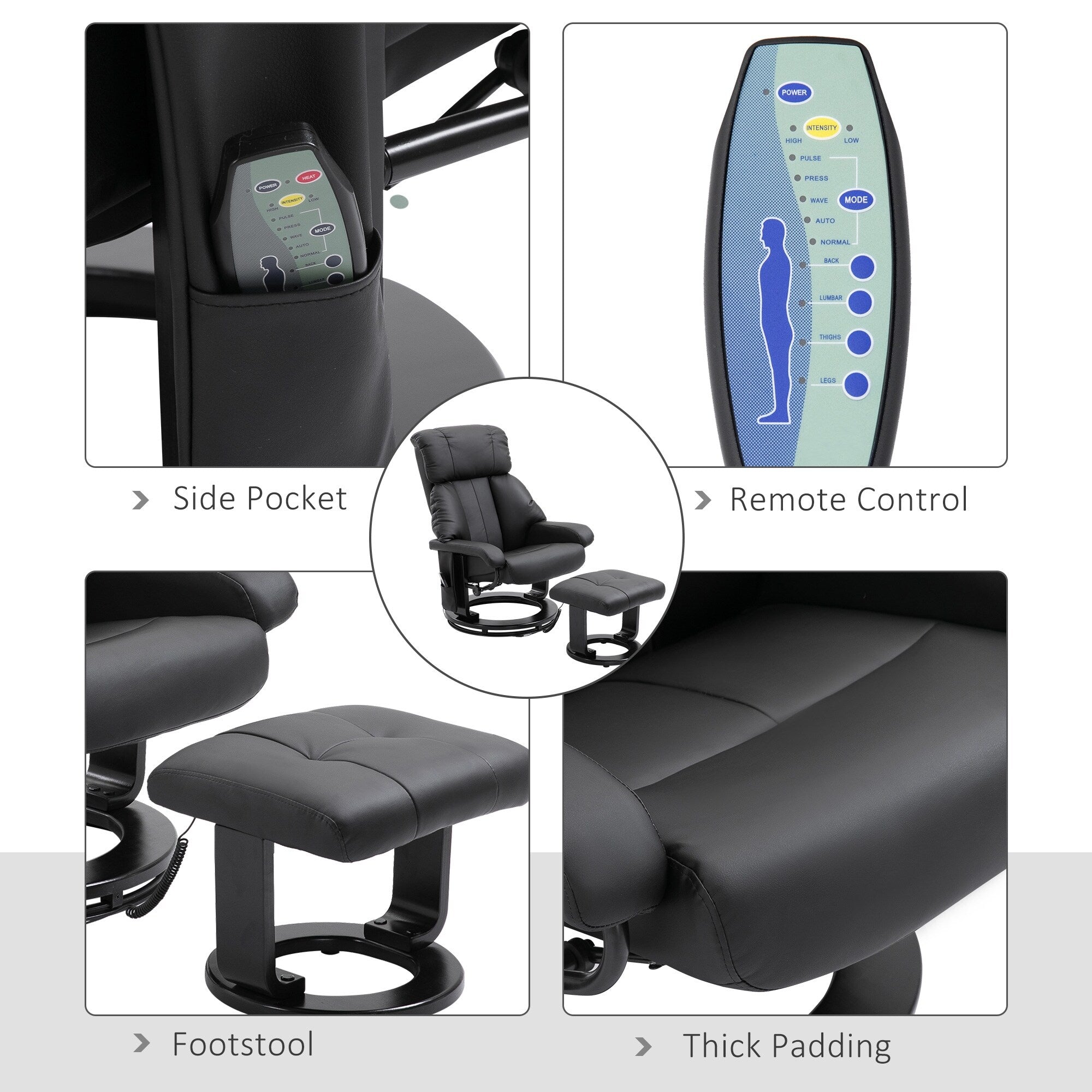 Fauteuil de massage à vibrations à 10 points, pivotant et inclinable, en cuir PU, avec dossier réglable, repose-pieds et télécommande