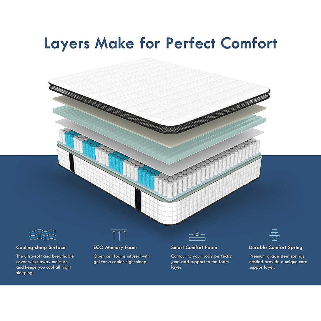 Matelas hybride à ressorts ensachés et plateau-coussin pour lit simple, 10 po, en mousse viscoélastique et gel de taille moyenne