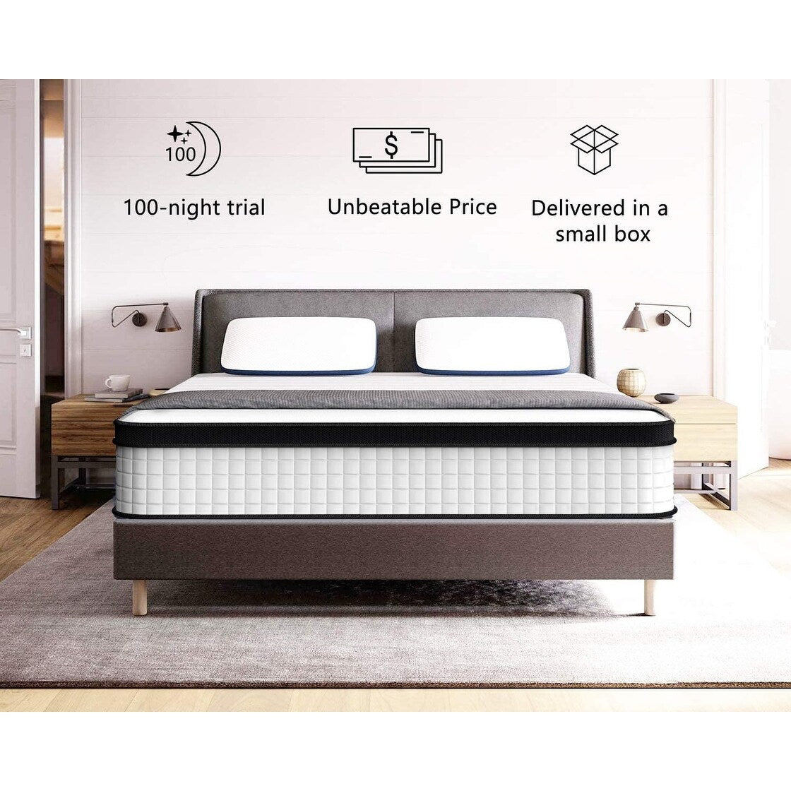Matelas hybride à ressorts ensachés et plateau-coussin pour lit simple, 10 po, en mousse viscoélastique et gel de taille moyenne