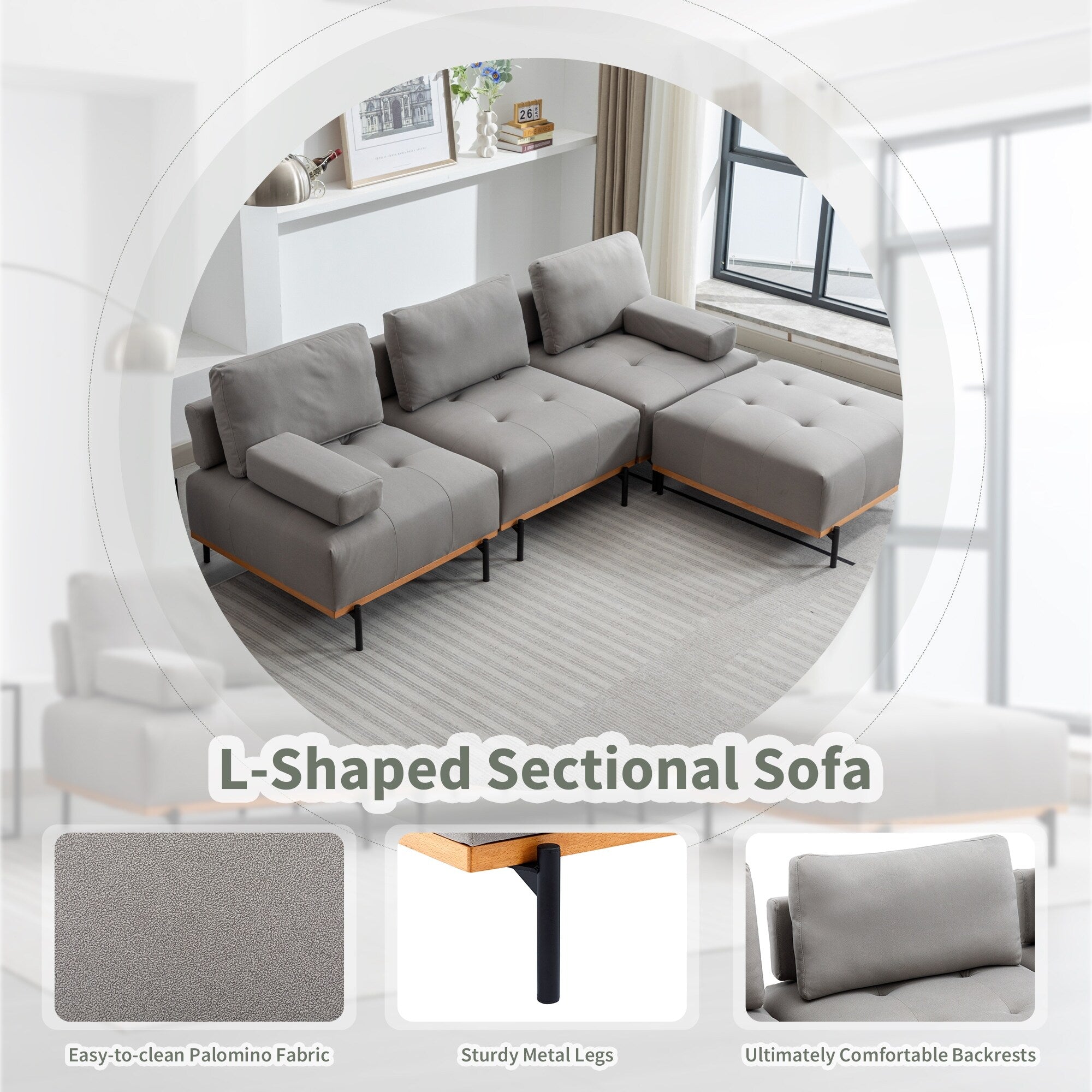 Canapé en L en tissu de 100,7 po avec pouf amovible et pieds en métal