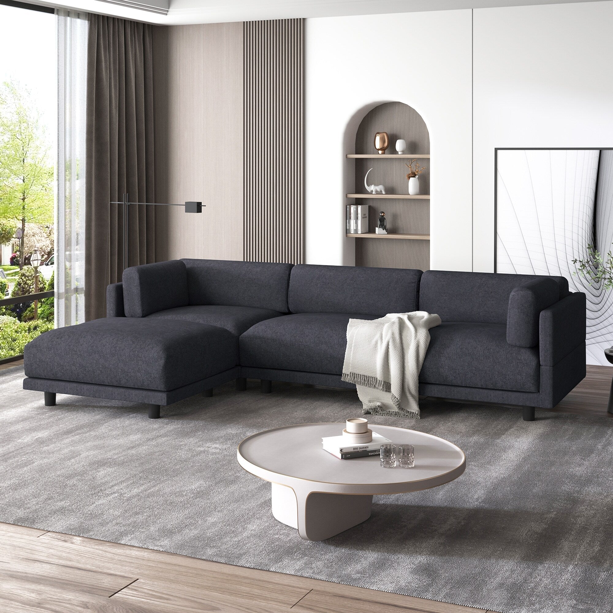 Canapé sectionnel en polyester 102,4 L avec repose-pieds réversible, coussins épais et pieds en plastique