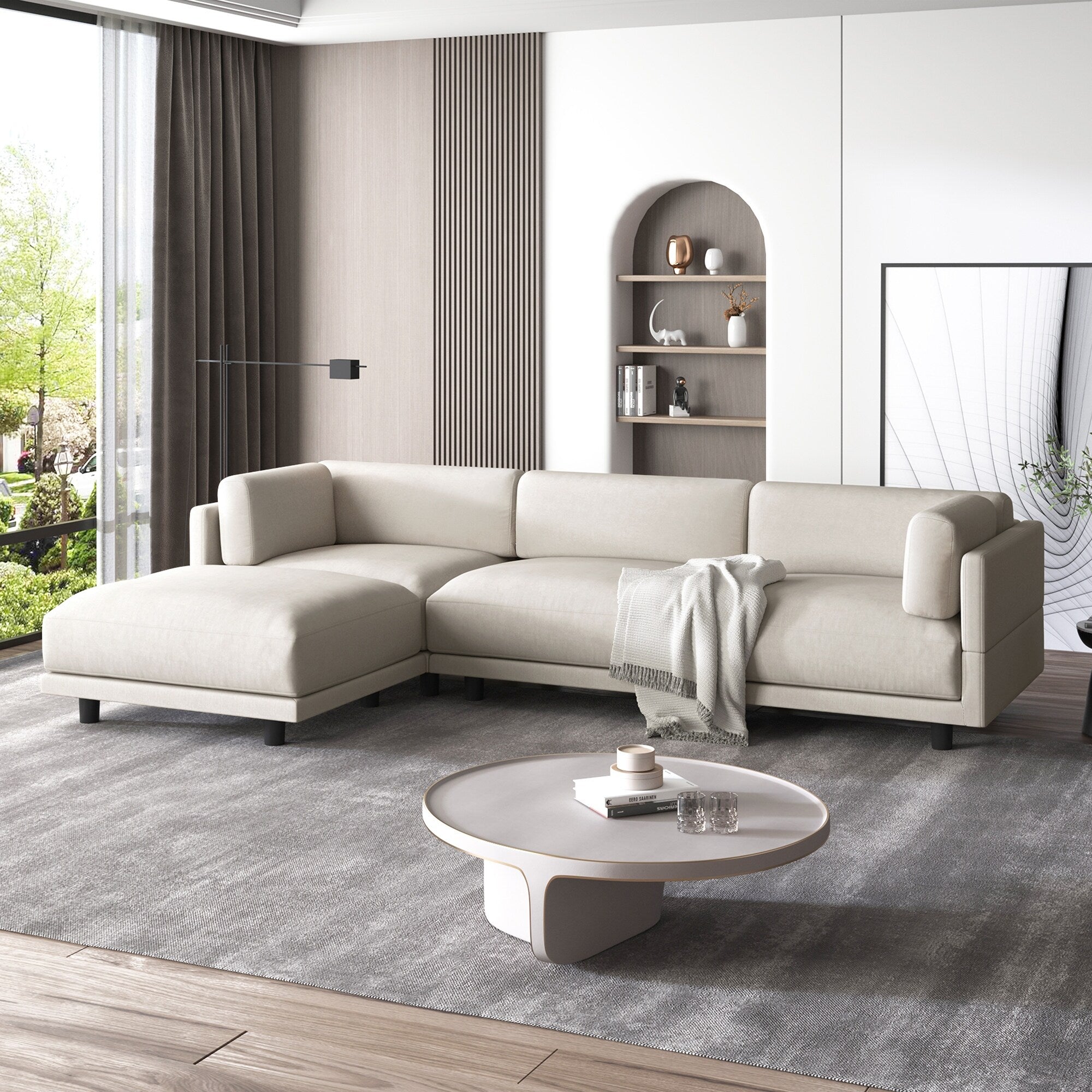 Canapé sectionnel en polyester en forme de L de 102,4 pouces avec repose-pieds réversible, coussins épais et pieds en plastique résistants