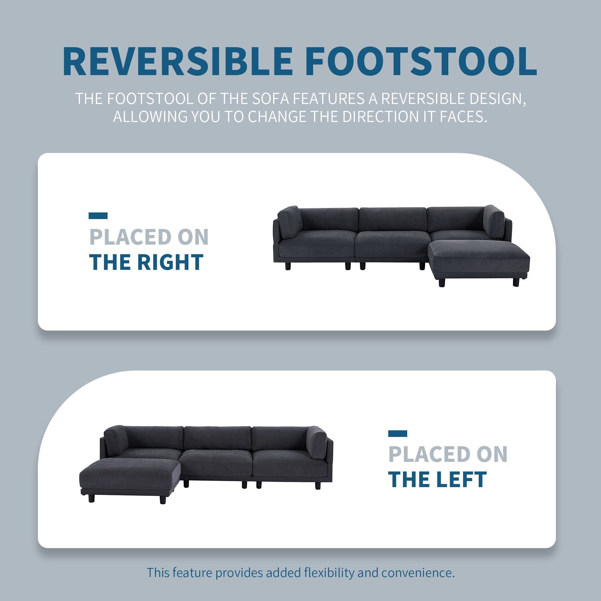 Canapé sectionnel en polyester en forme de L de 102,4 pouces avec repose-pieds réversible, coussins épais et pieds en plastique résistants