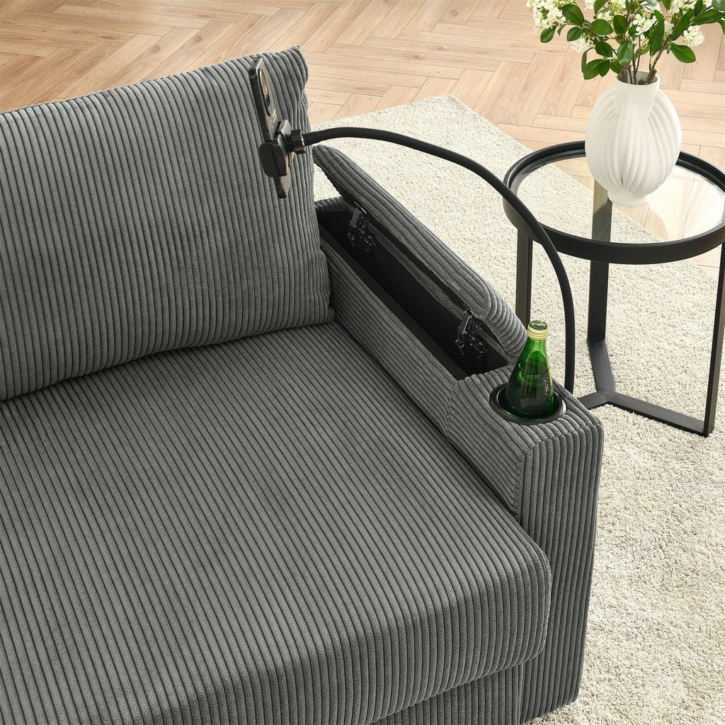 Canapé 3 places moderne en velours côtelé 102, siège profond avec porte-gobelets et support pour téléphone