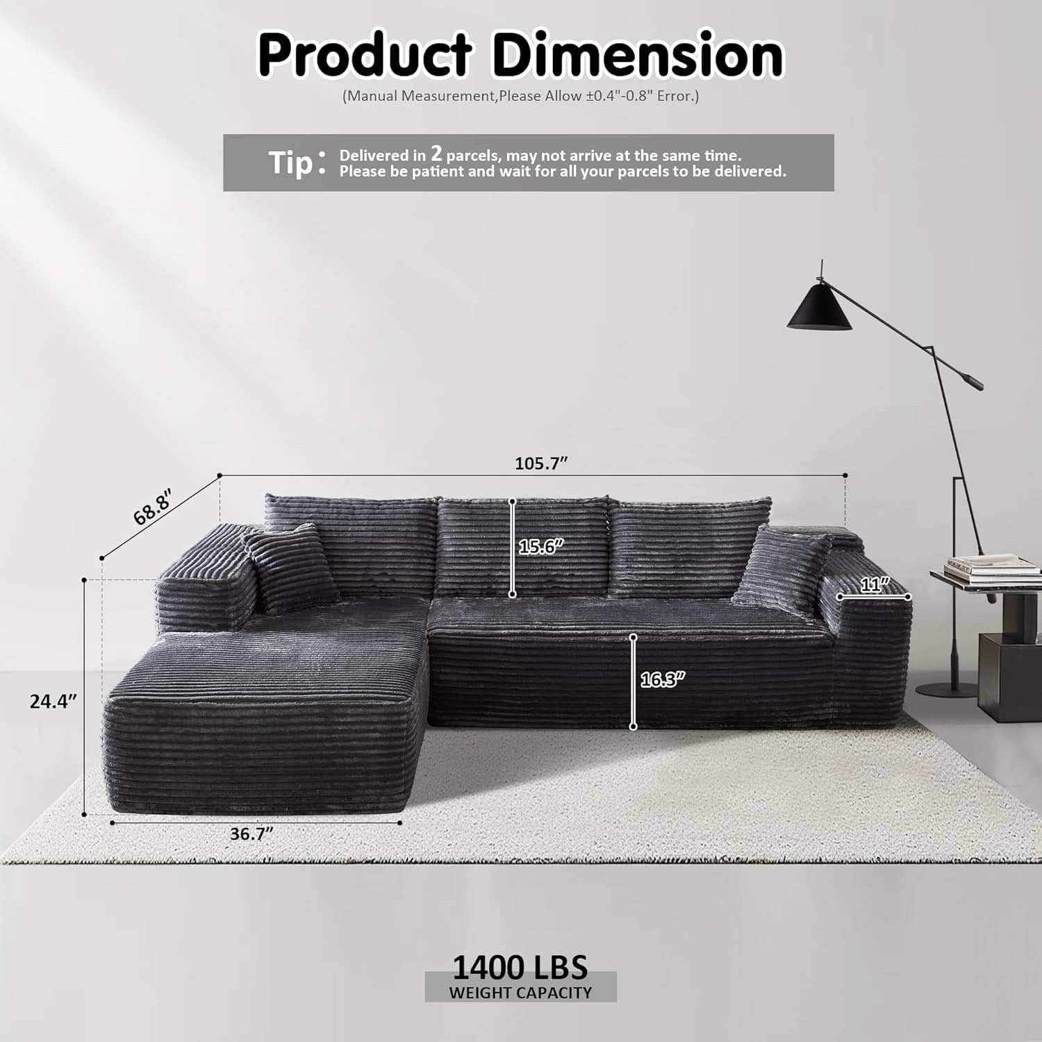 Canapé sectionnel Cloud en forme de L 104 - Canapé modulaire à assise profonde pour salon et chambre, sans assemblage