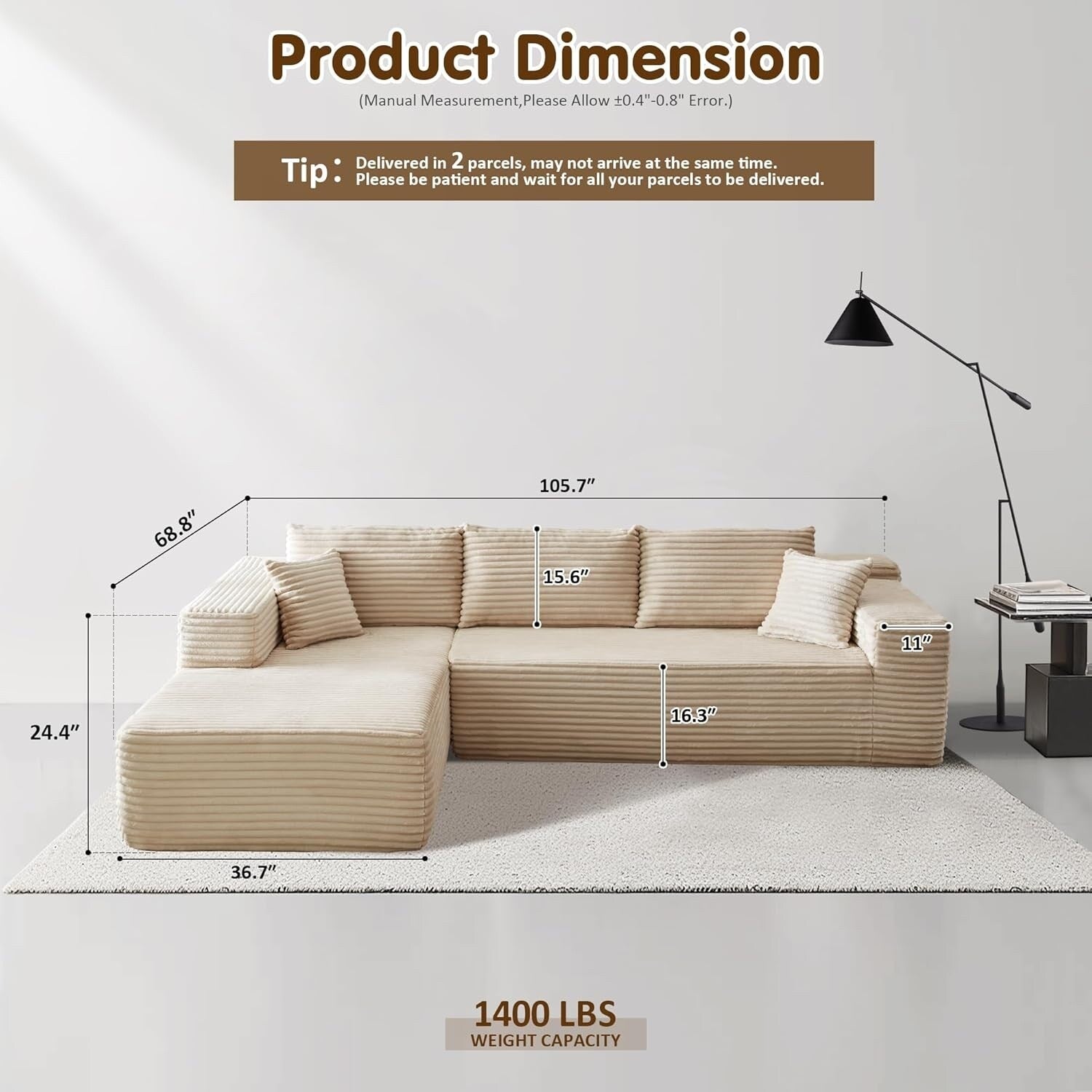 Canapé sectionnel Cloud en forme de L 104 - Canapé modulaire à assise profonde pour salon et chambre, sans assemblage