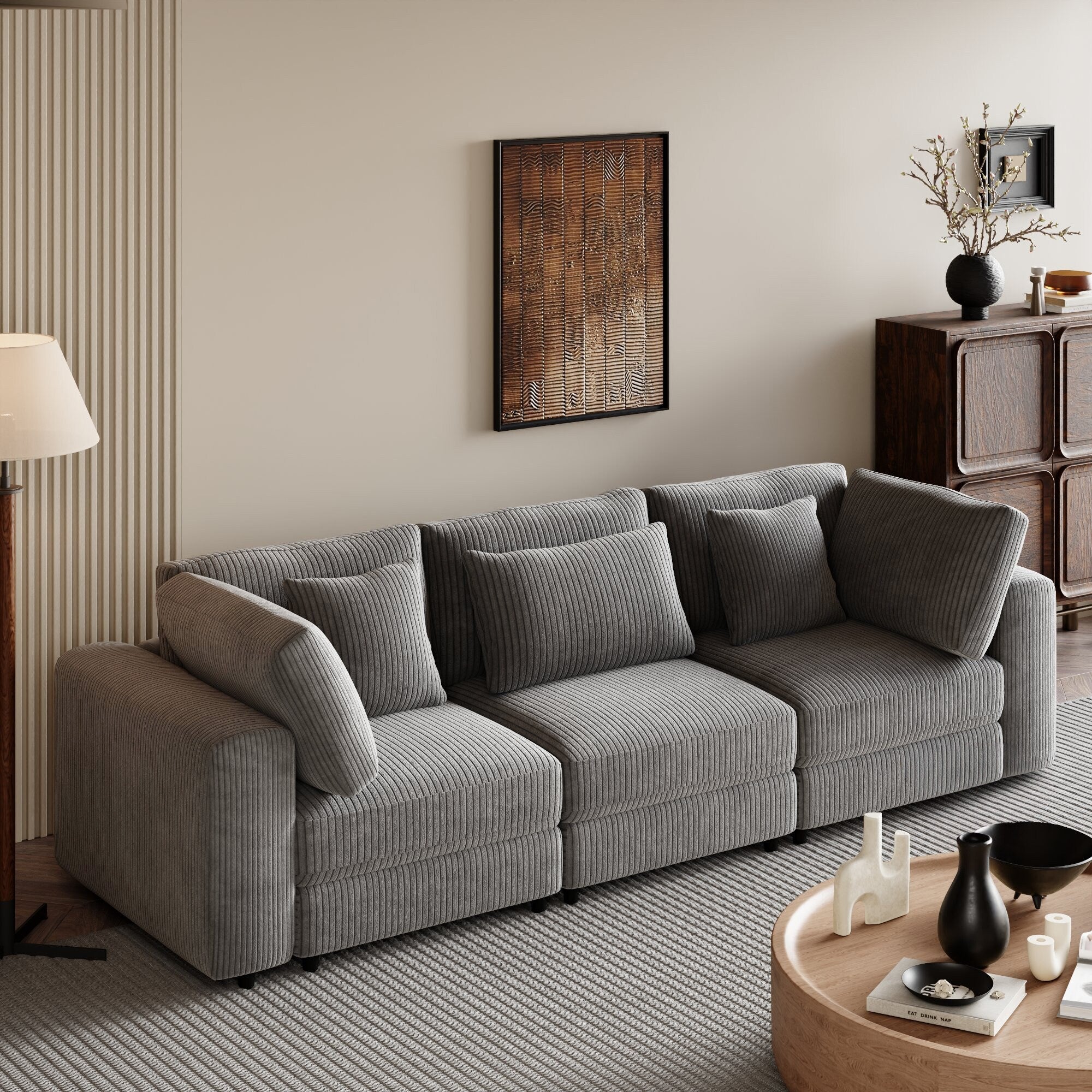 Canapé 3 places rembourré en velours côtelé 105 avec coussins de dossier amovibles et 5 oreillers pour le salon