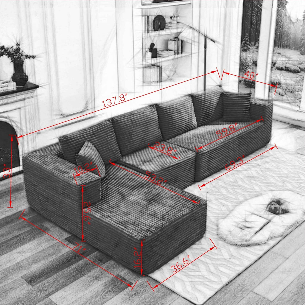 Canapé sectionnel Cloud 106 en L avec méridienne orientée vers la gauche, canapé modulaire moderne à assise profonde pour salon, aucun assemblage requis