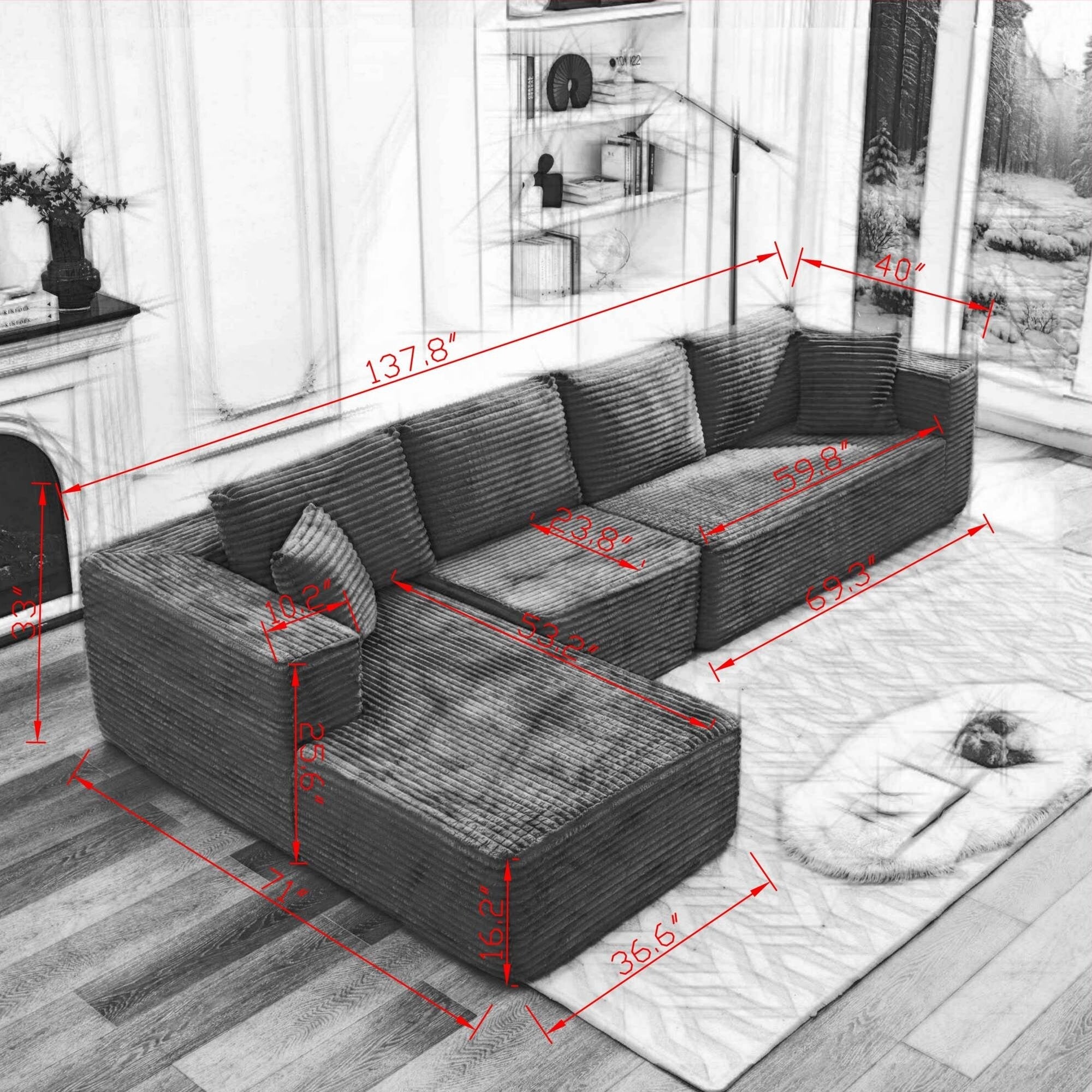Canapé sectionnel Cloud 106 en L avec méridienne orientée vers la gauche, canapé modulaire moderne à assise profonde pour salon, aucun assemblage requis