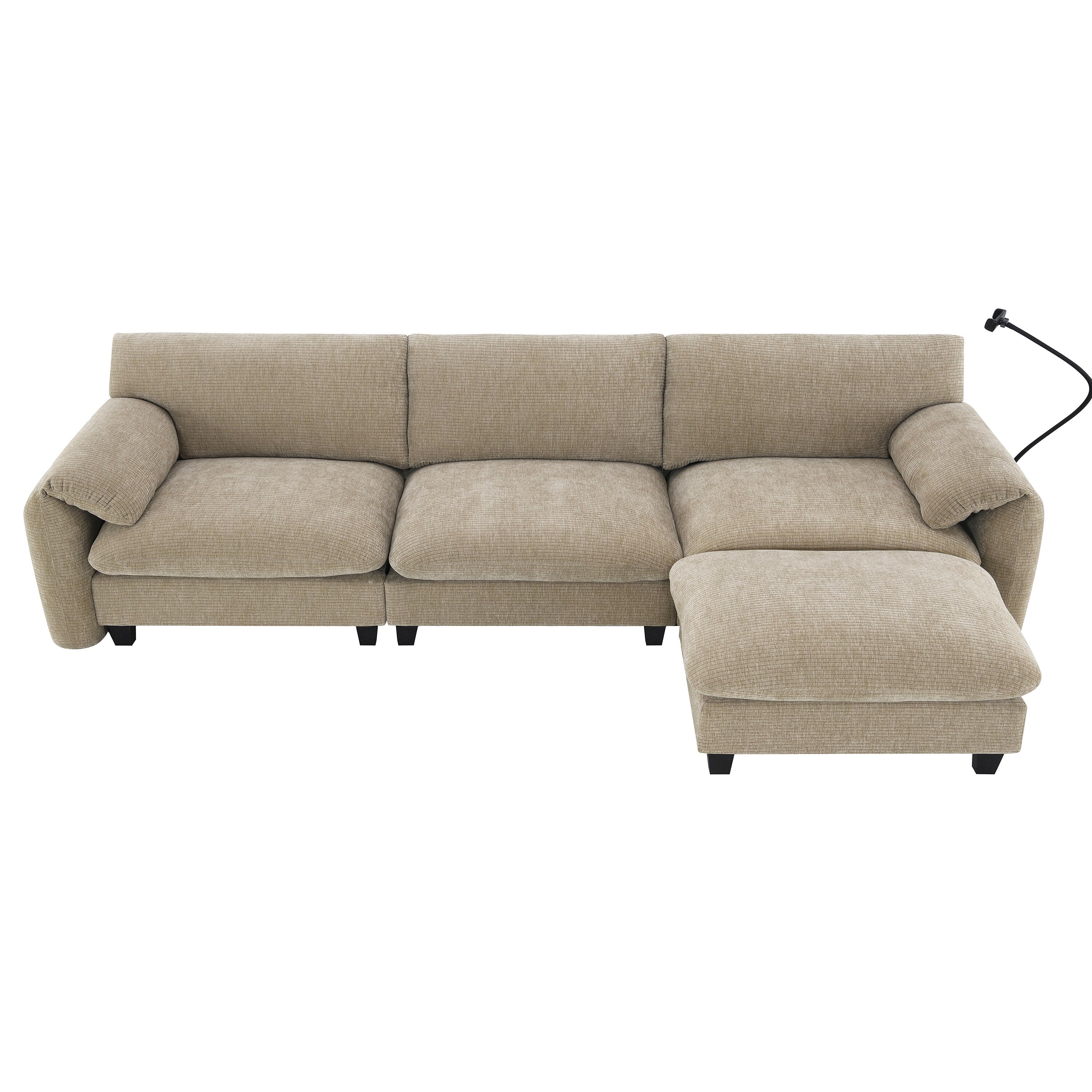 Canapé sectionnel modulaire en chenille de 108 pouces avec ports USB et Type-C, supports de téléphone, poches de rangement latérales et pouf amovible