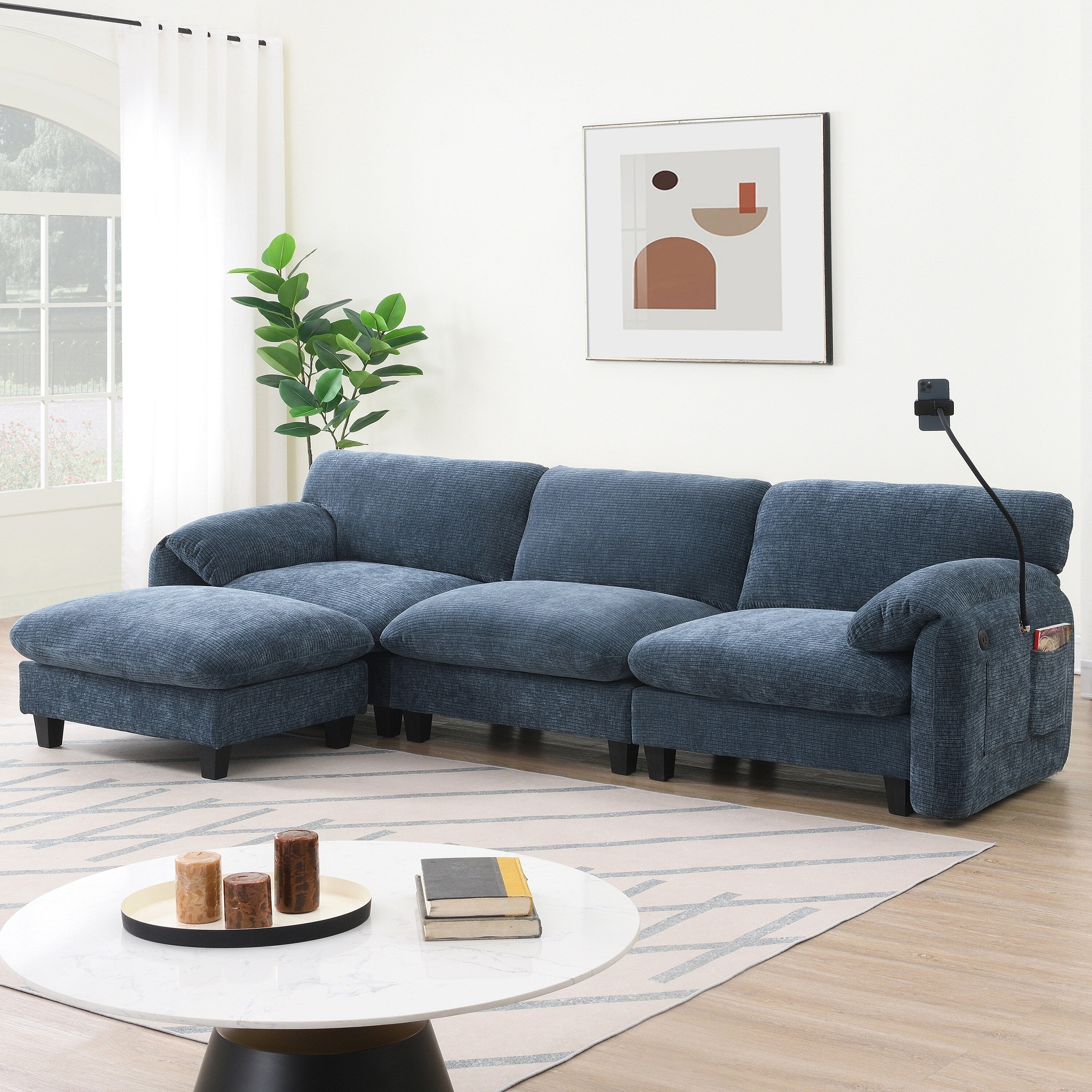 Canapé sectionnel modulaire en chenille de 108 pouces avec ports USB et Type-C, supports de téléphone, poches de rangement latérales et pouf amovible