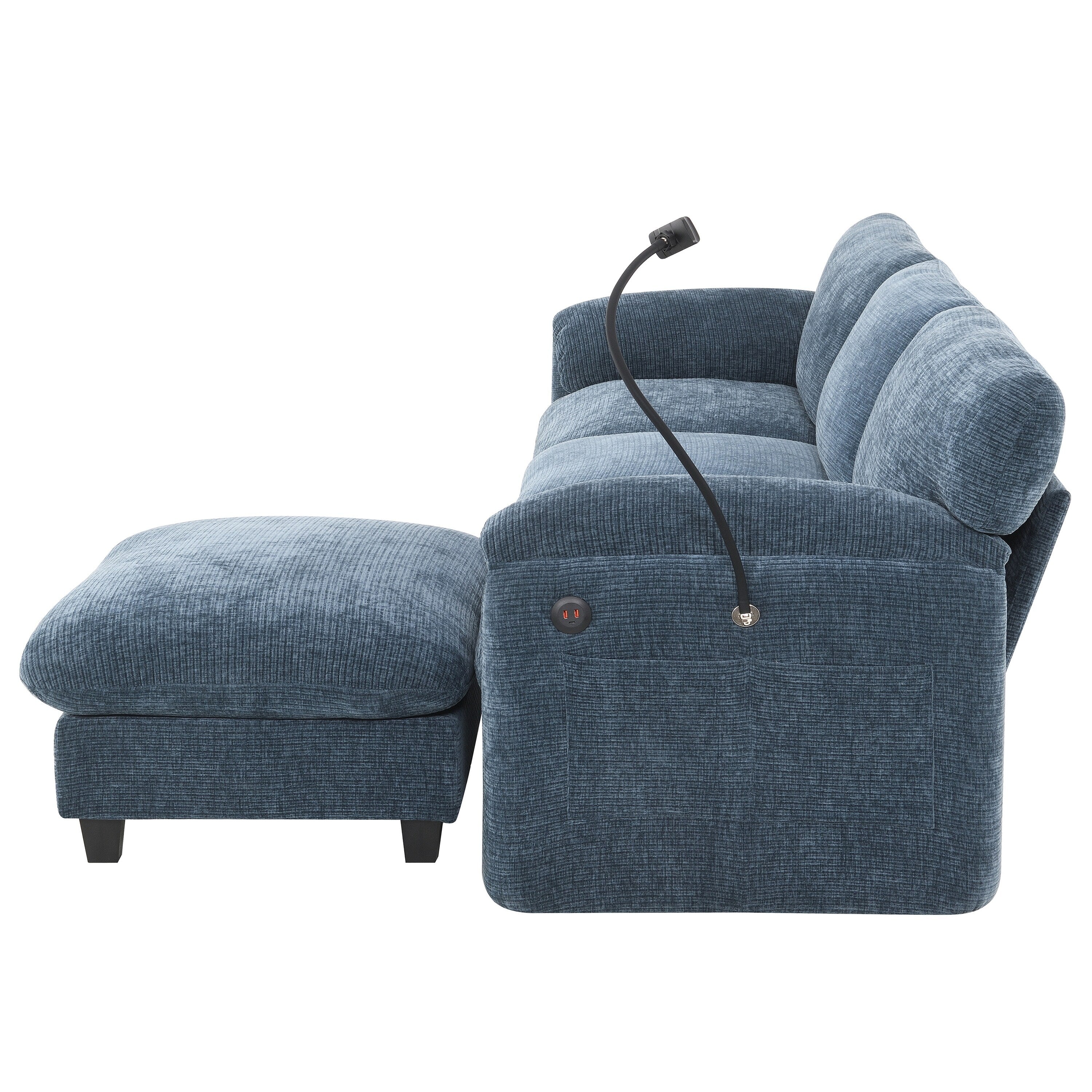 Canapé sectionnel modulaire en chenille de 108 pouces avec ports USB et Type-C, supports de téléphone, poches de rangement latérales et pouf amovible