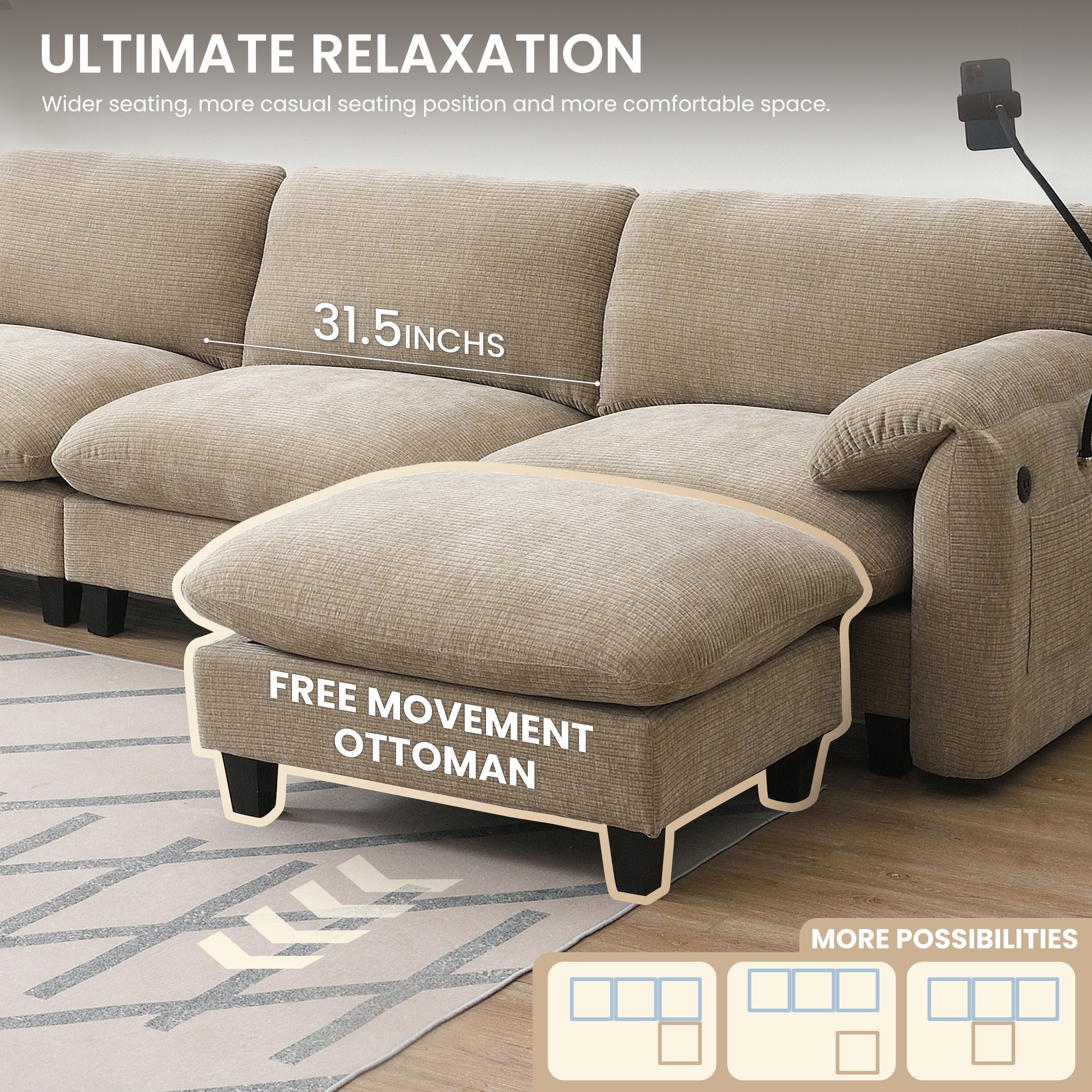 Canapé sectionnel modulaire en chenille de 108 pouces avec ports USB et Type-C, supports de téléphone, poches de rangement latérales et pouf amovible