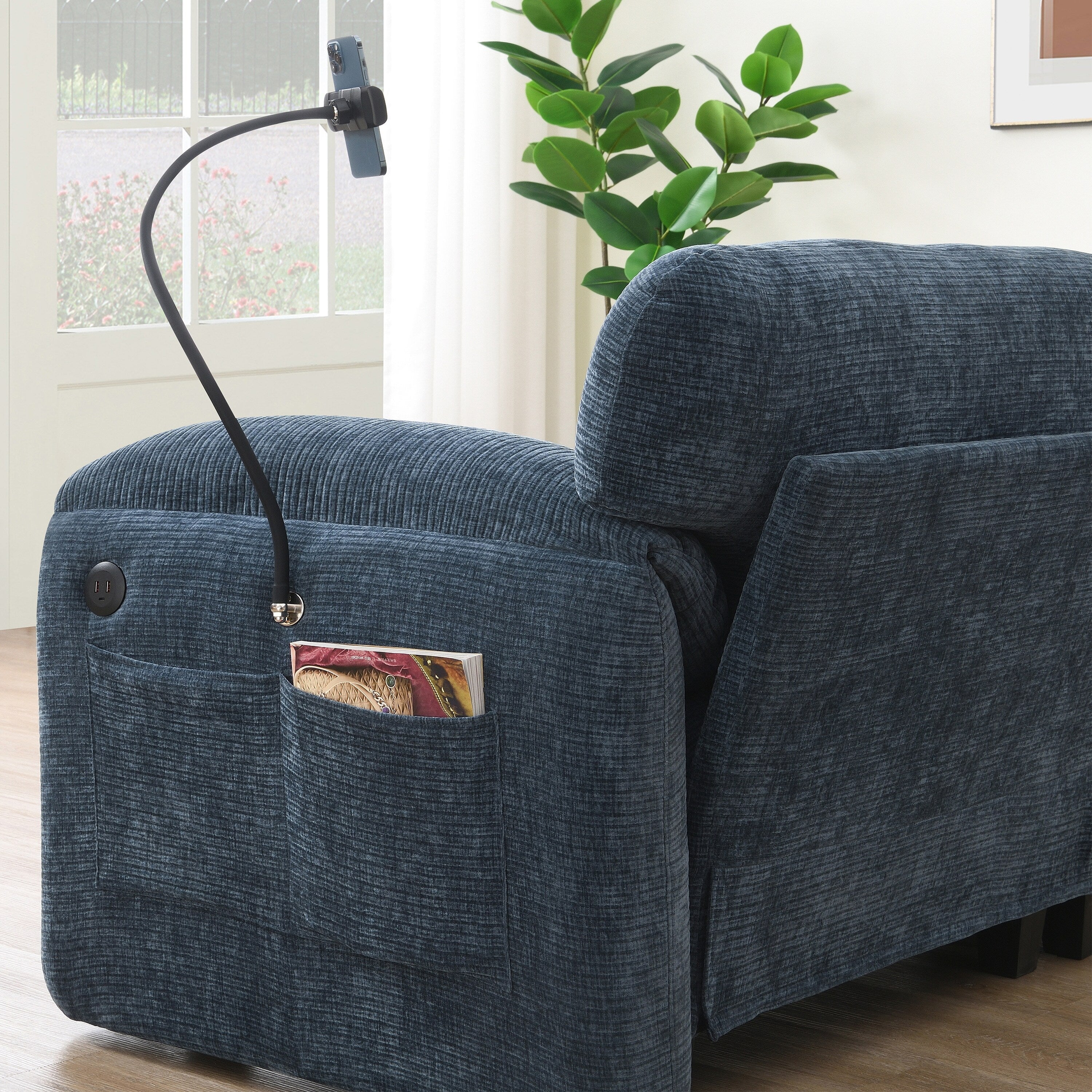 Canapé sectionnel modulaire en chenille de 108 pouces avec ports USB et Type-C, supports de téléphone, poches de rangement latérales et pouf amovible