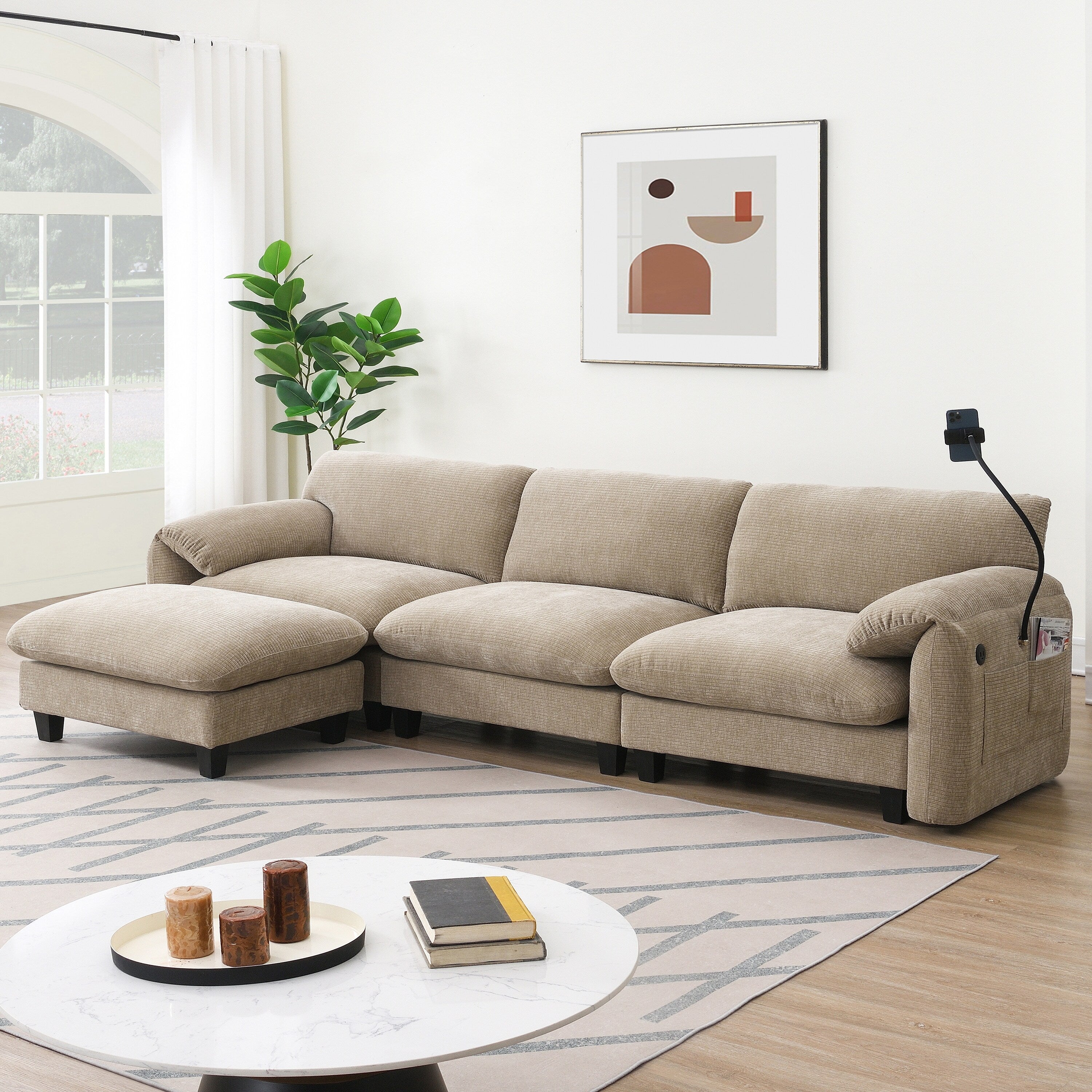 Canapé sectionnel modulaire en chenille de 108 pouces avec ports USB et Type-C, supports de téléphone, poches de rangement latérales et pouf amovible