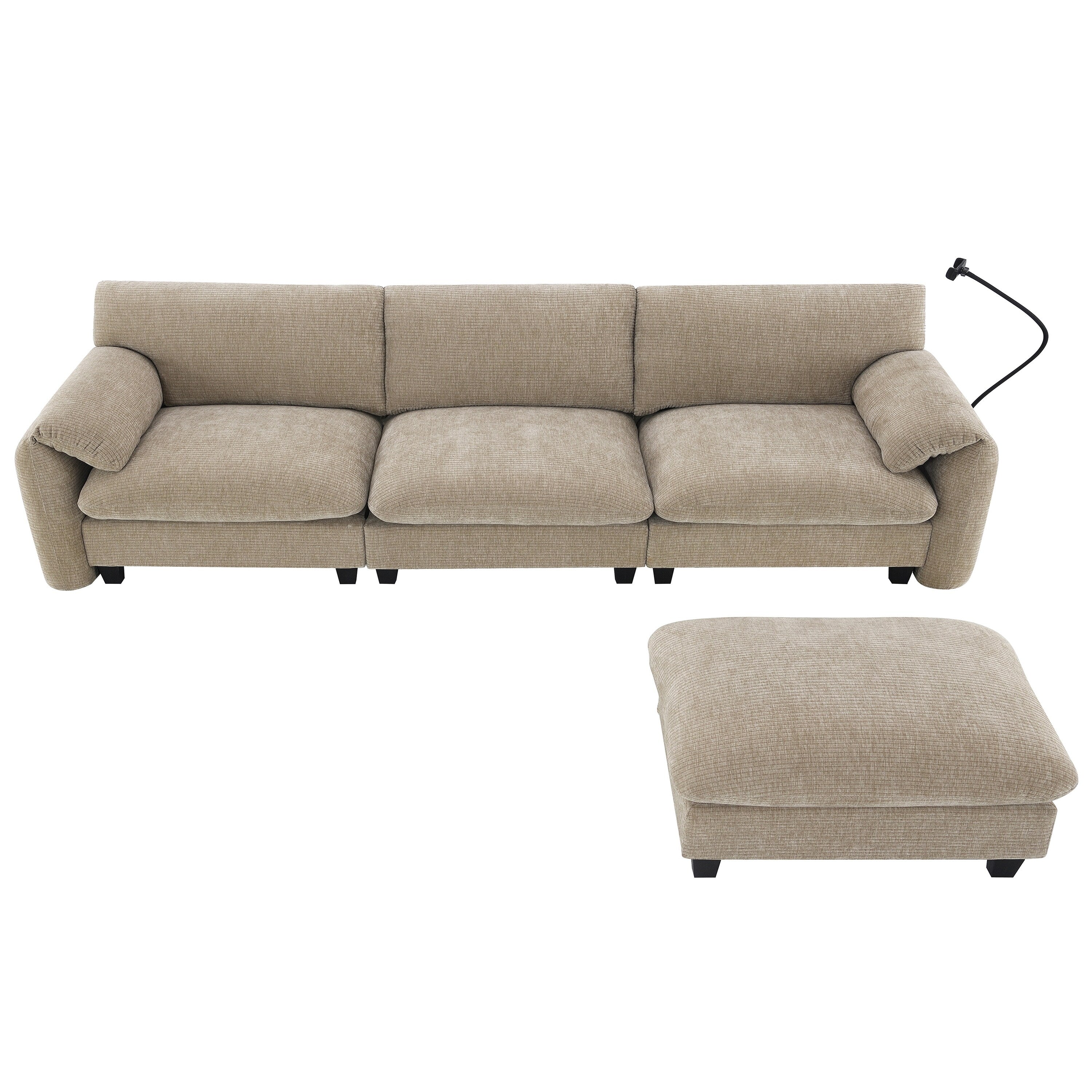 Canapé sectionnel modulaire en chenille de 108 pouces avec ports USB et Type-C, supports de téléphone, poches de rangement latérales et pouf amovible