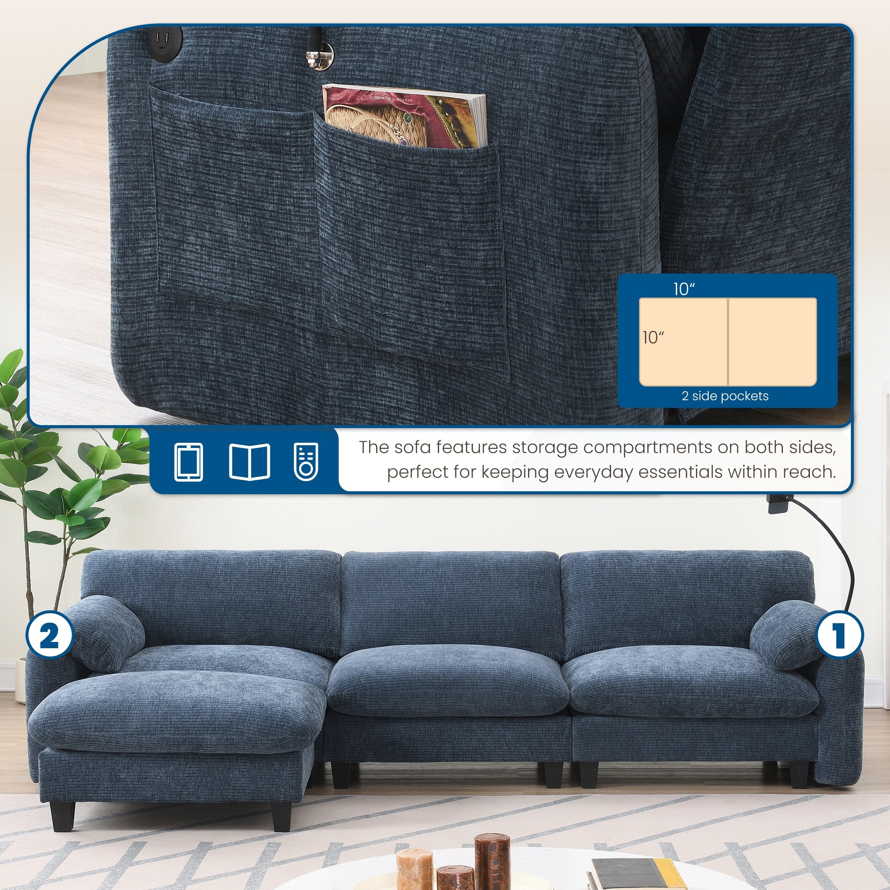 Canapé sectionnel modulaire en chenille de 108 pouces avec ports USB et Type-C, supports de téléphone, poches de rangement latérales et pouf amovible