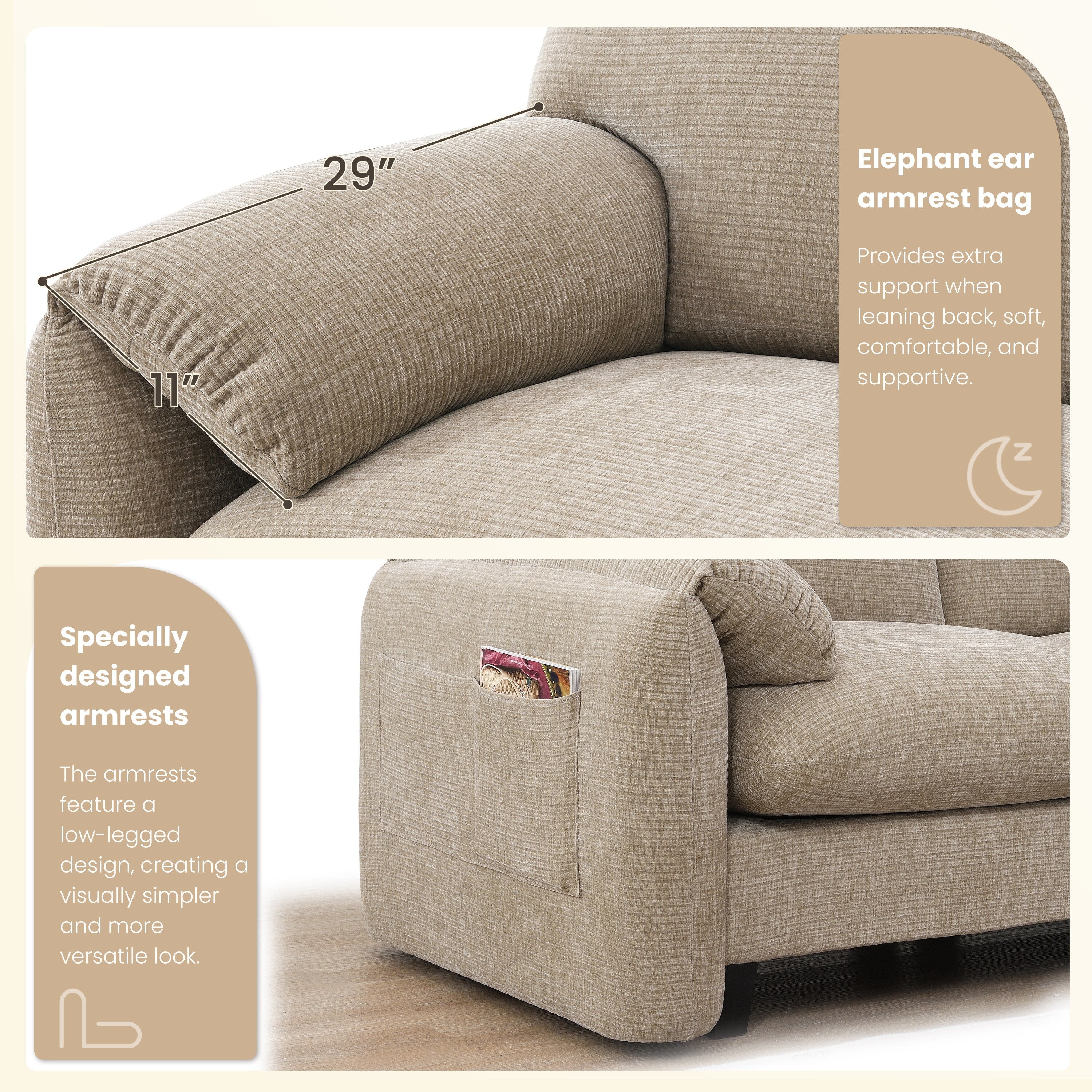 Canapé sectionnel modulaire en chenille de 108 pouces avec ports USB et Type-C, supports de téléphone, poches de rangement latérales et pouf amovible