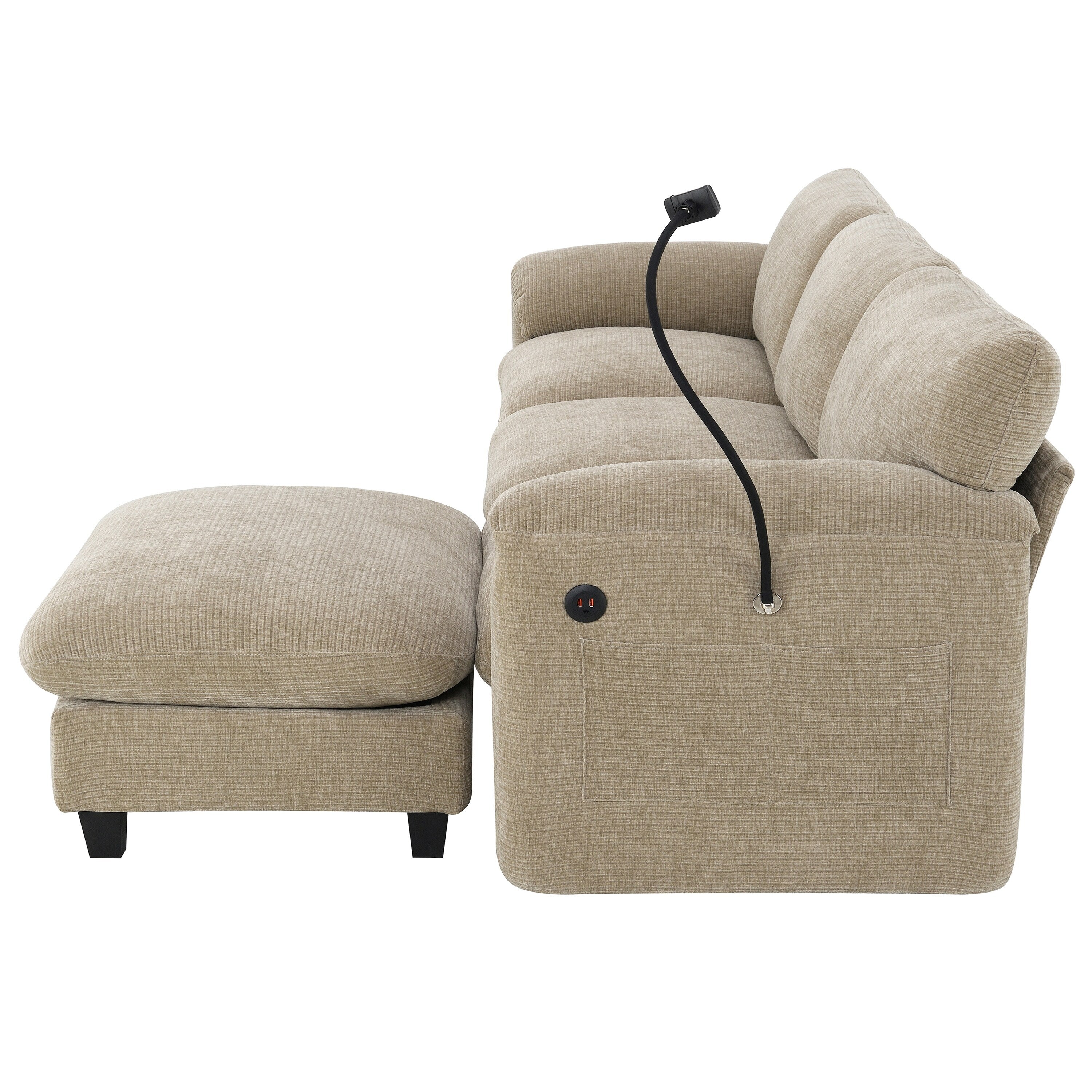 Canapé sectionnel modulaire en chenille de 108 pouces avec ports USB et Type-C, supports de téléphone, poches de rangement latérales et pouf amovible