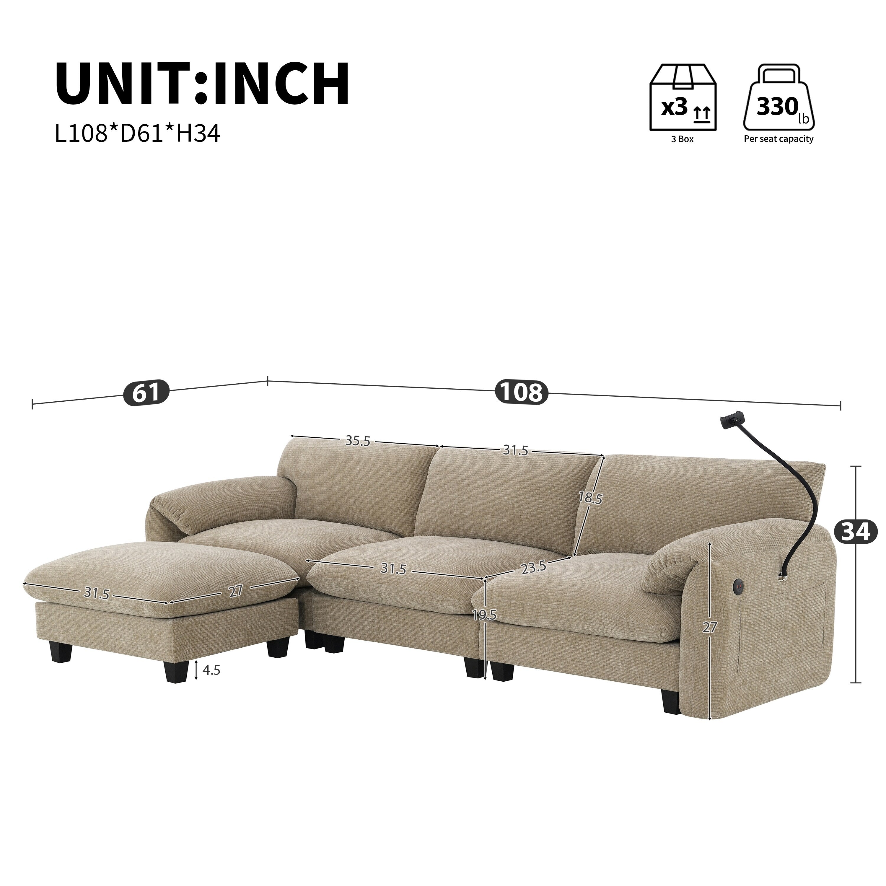 Canapé sectionnel modulaire en chenille de 108 pouces avec ports USB et Type-C, supports de téléphone, poches de rangement latérales et pouf amovible