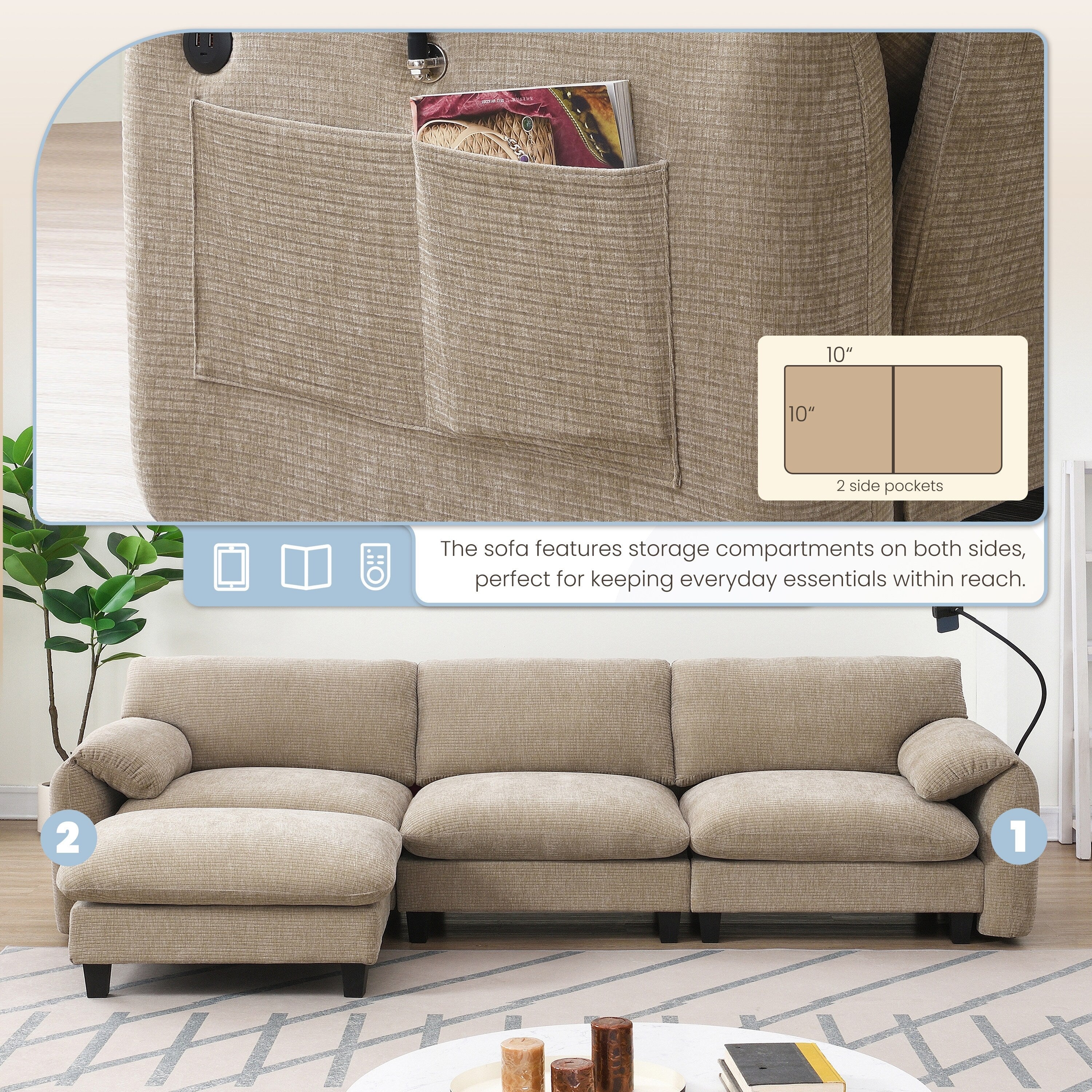 Canapé sectionnel modulaire en chenille de 108 pouces avec ports USB et Type-C, supports de téléphone, poches de rangement latérales et pouf amovible