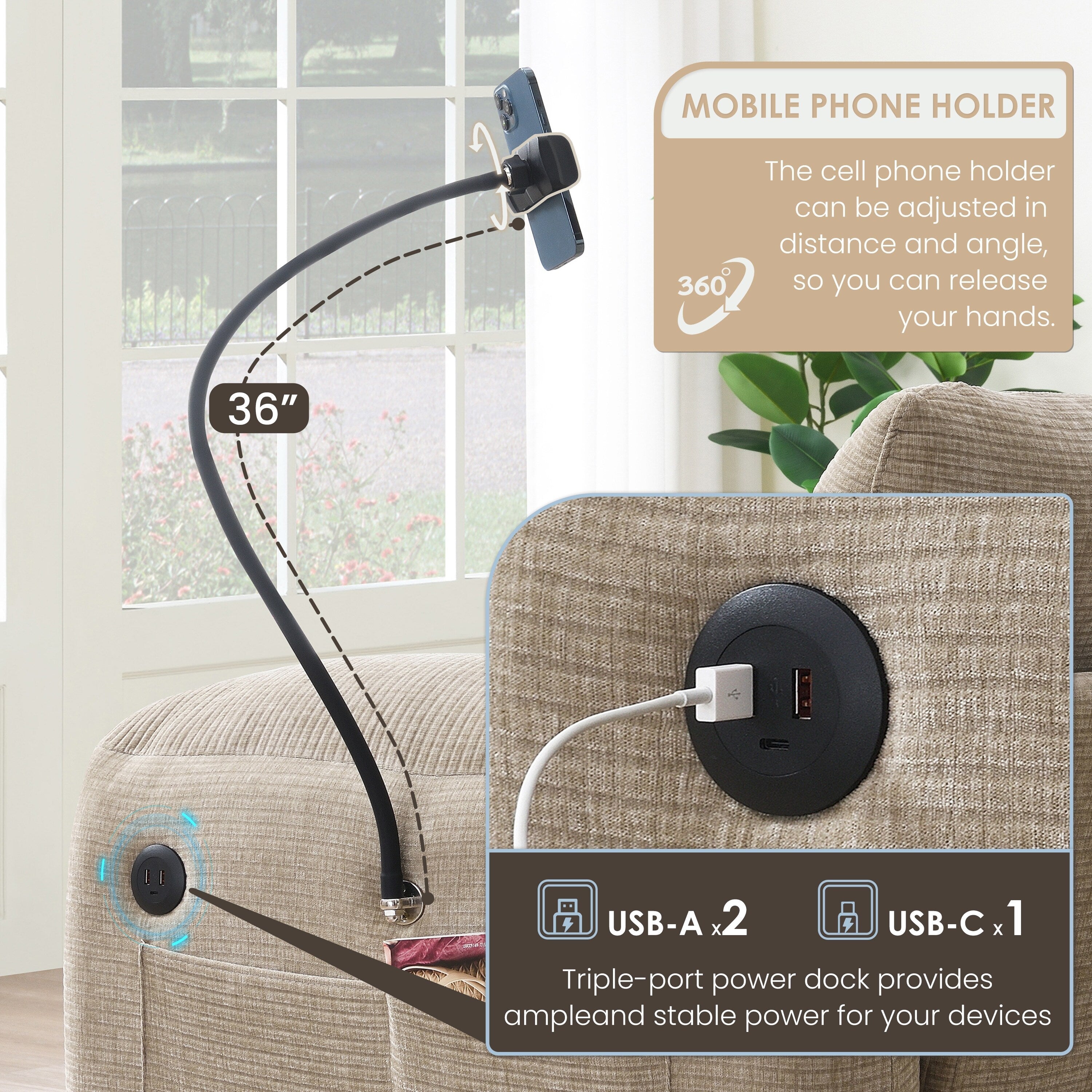 Canapé sectionnel modulaire en chenille de 108 pouces avec ports USB et Type-C, supports de téléphone, poches de rangement latérales et pouf amovible