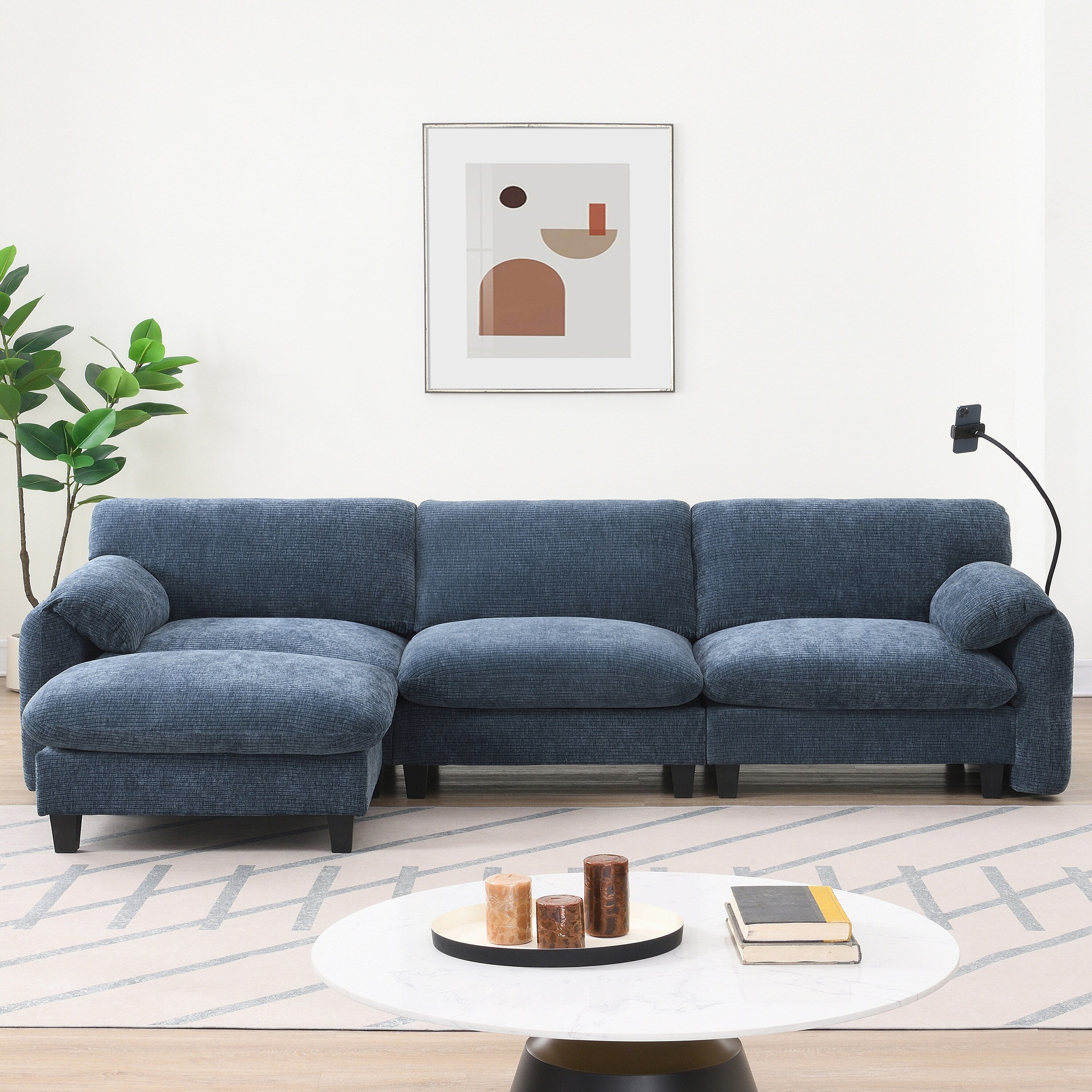 Canapé sectionnel modulaire en chenille de 108 pouces avec ports USB et Type-C, supports de téléphone, poches de rangement latérales et pouf amovible