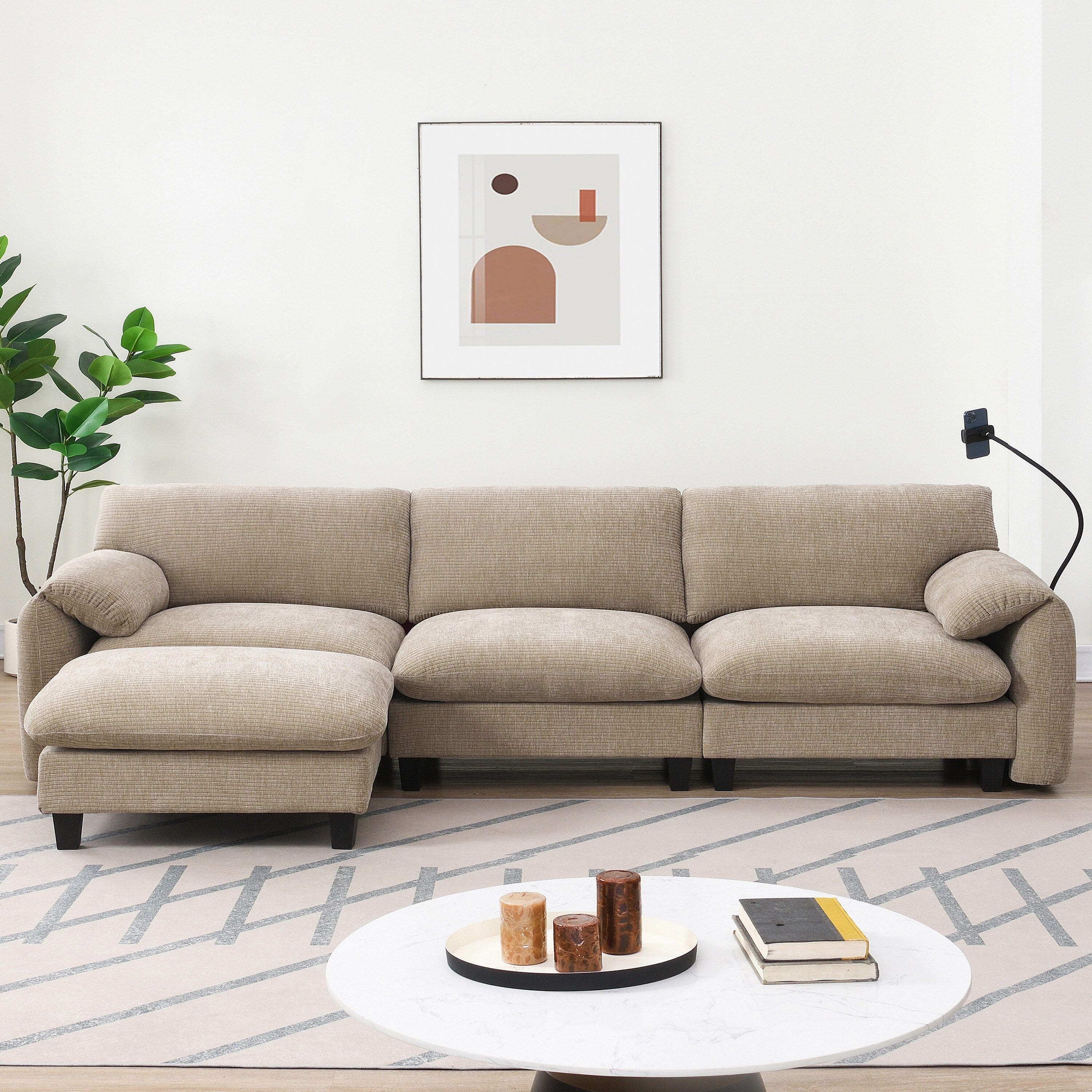 Canapé sectionnel modulaire en chenille de 108 pouces avec ports USB et Type-C, supports de téléphone, poches de rangement latérales et pouf amovible