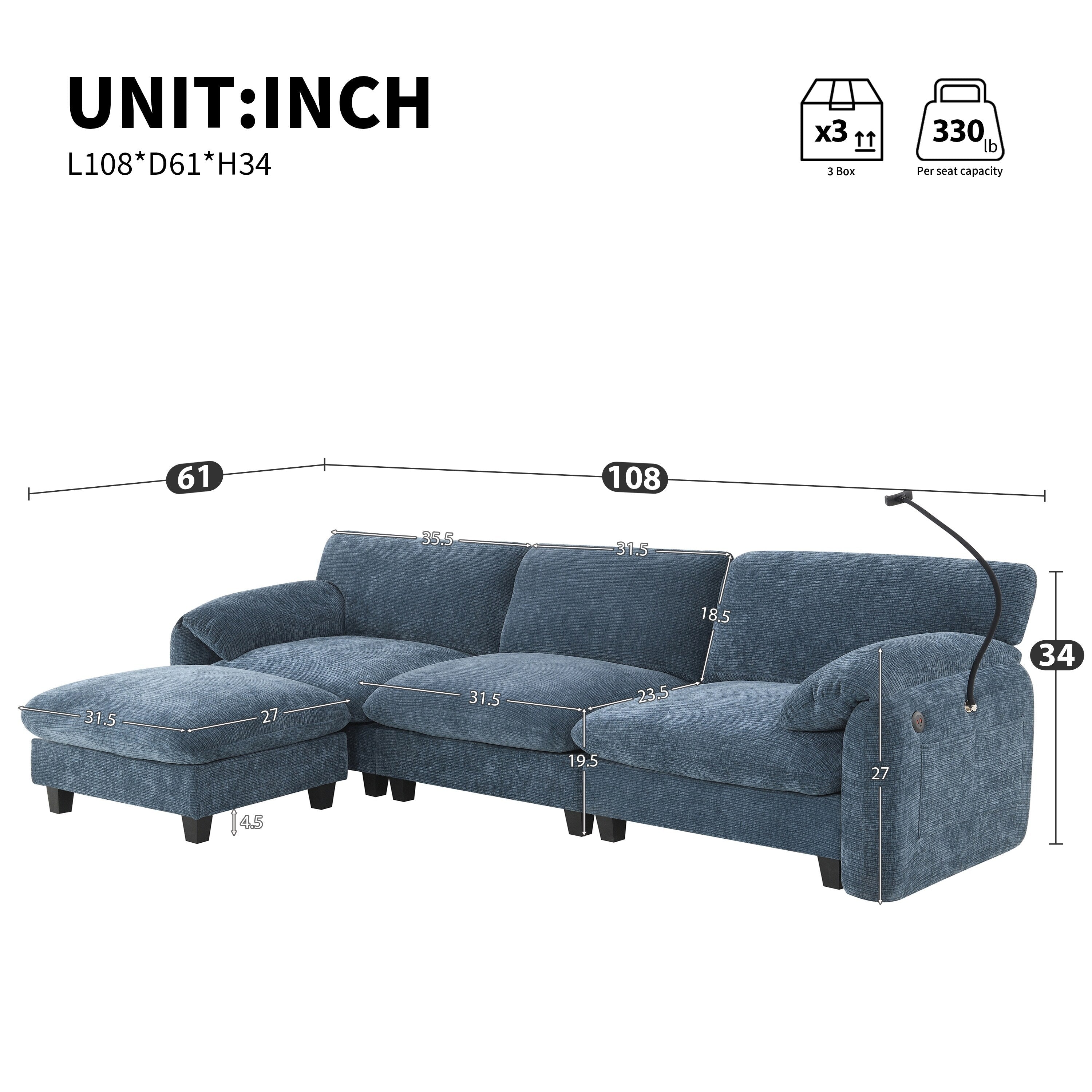 Canapé sectionnel modulaire en chenille de 108 pouces avec ports USB et Type-C, supports de téléphone, poches de rangement latérales et pouf amovible