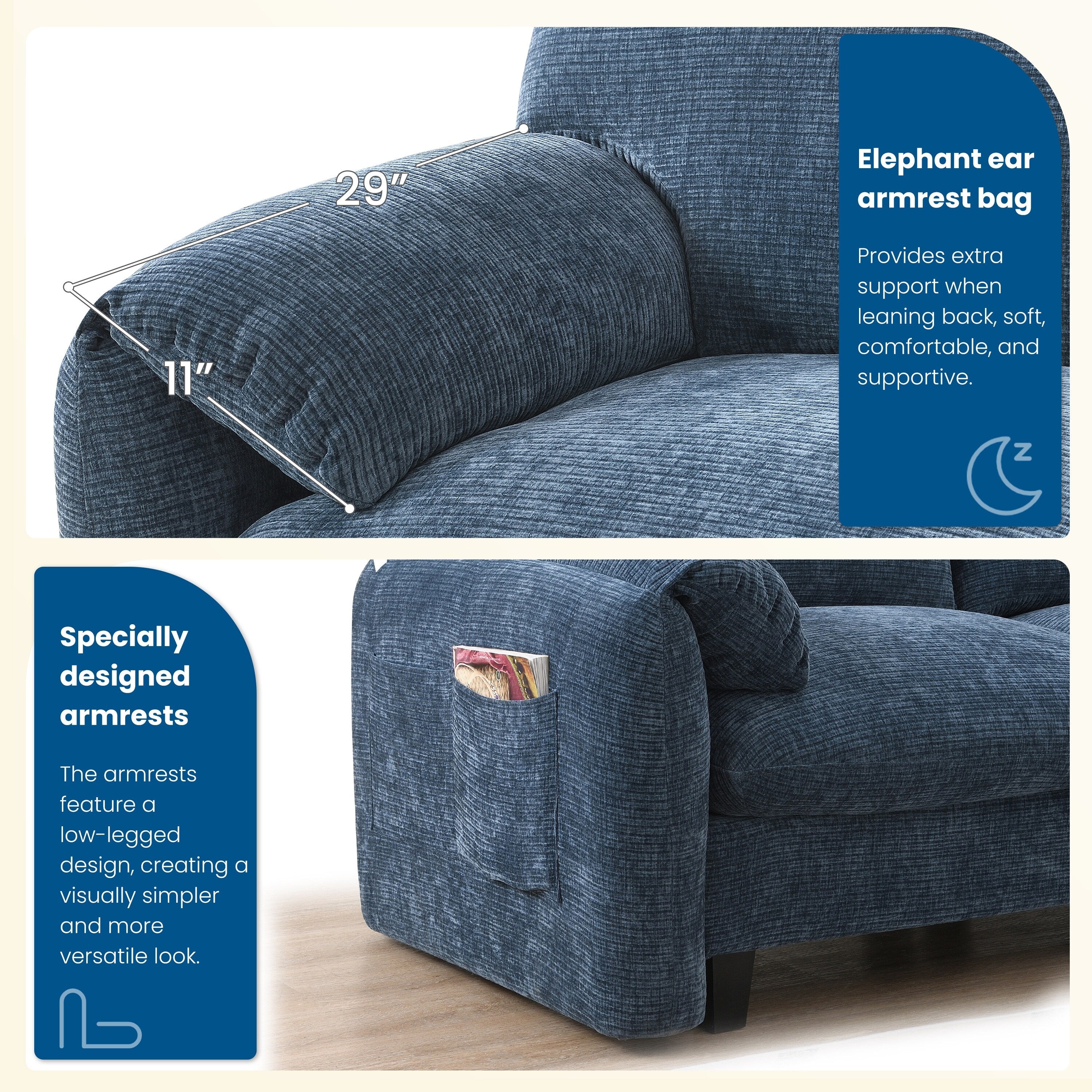 Canapé sectionnel modulaire en chenille de 108 pouces avec ports USB et Type-C, supports de téléphone, poches de rangement latérales et pouf amovible