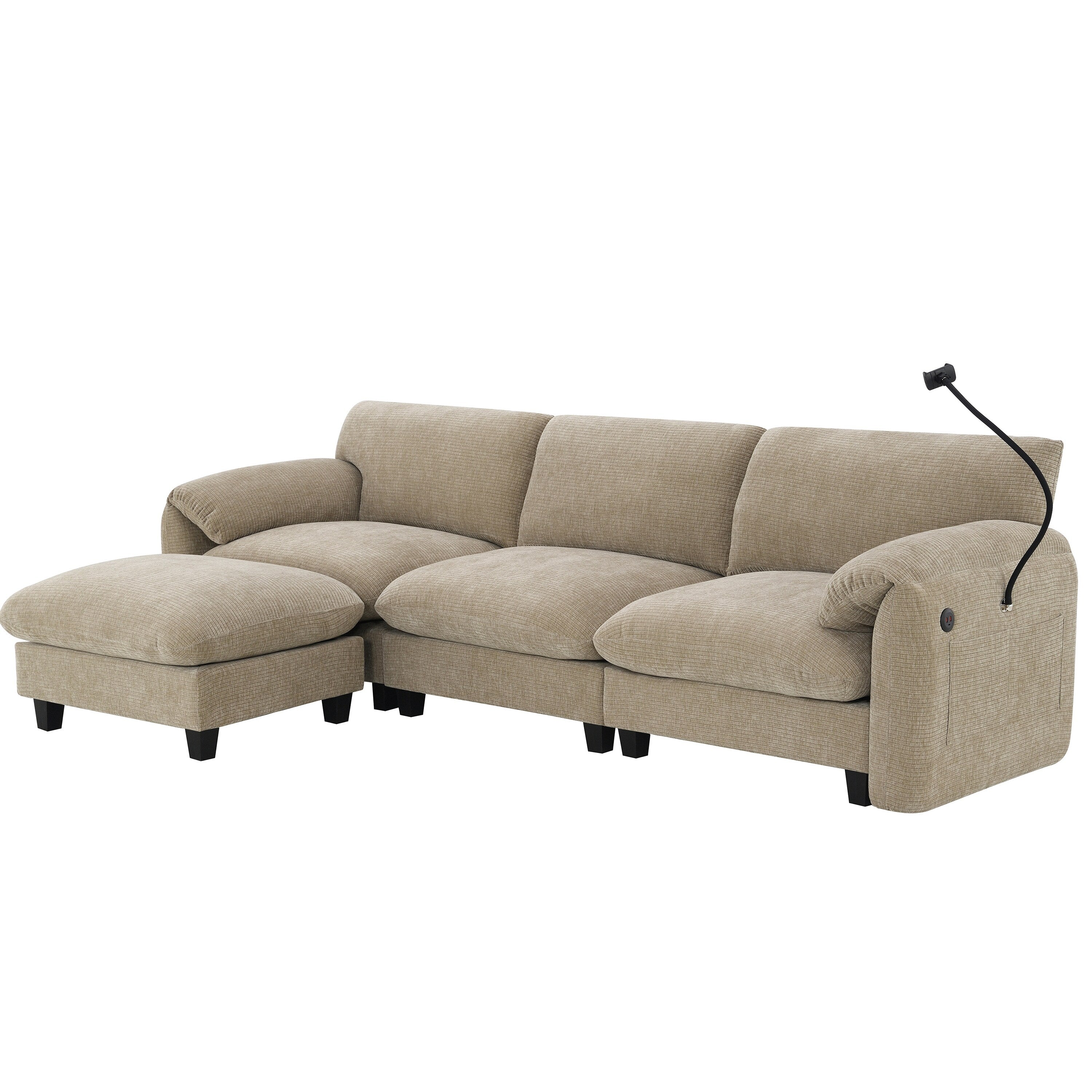 Canapé sectionnel modulaire en chenille de 108 pouces avec ports USB et Type-C, supports de téléphone, poches de rangement latérales et pouf amovible