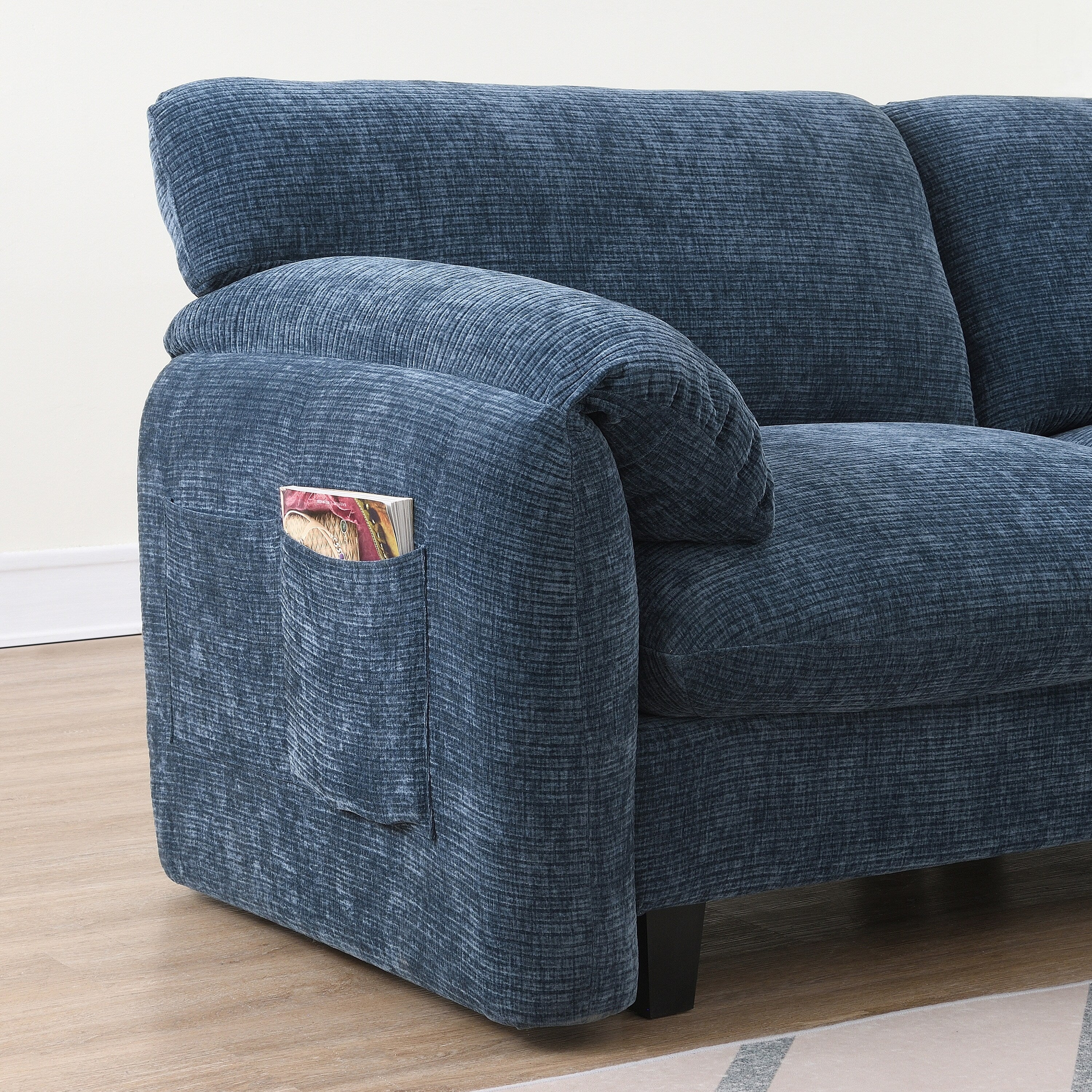 Canapé sectionnel modulaire en chenille de 108 pouces avec ports USB et Type-C, supports de téléphone, poches de rangement latérales et pouf amovible
