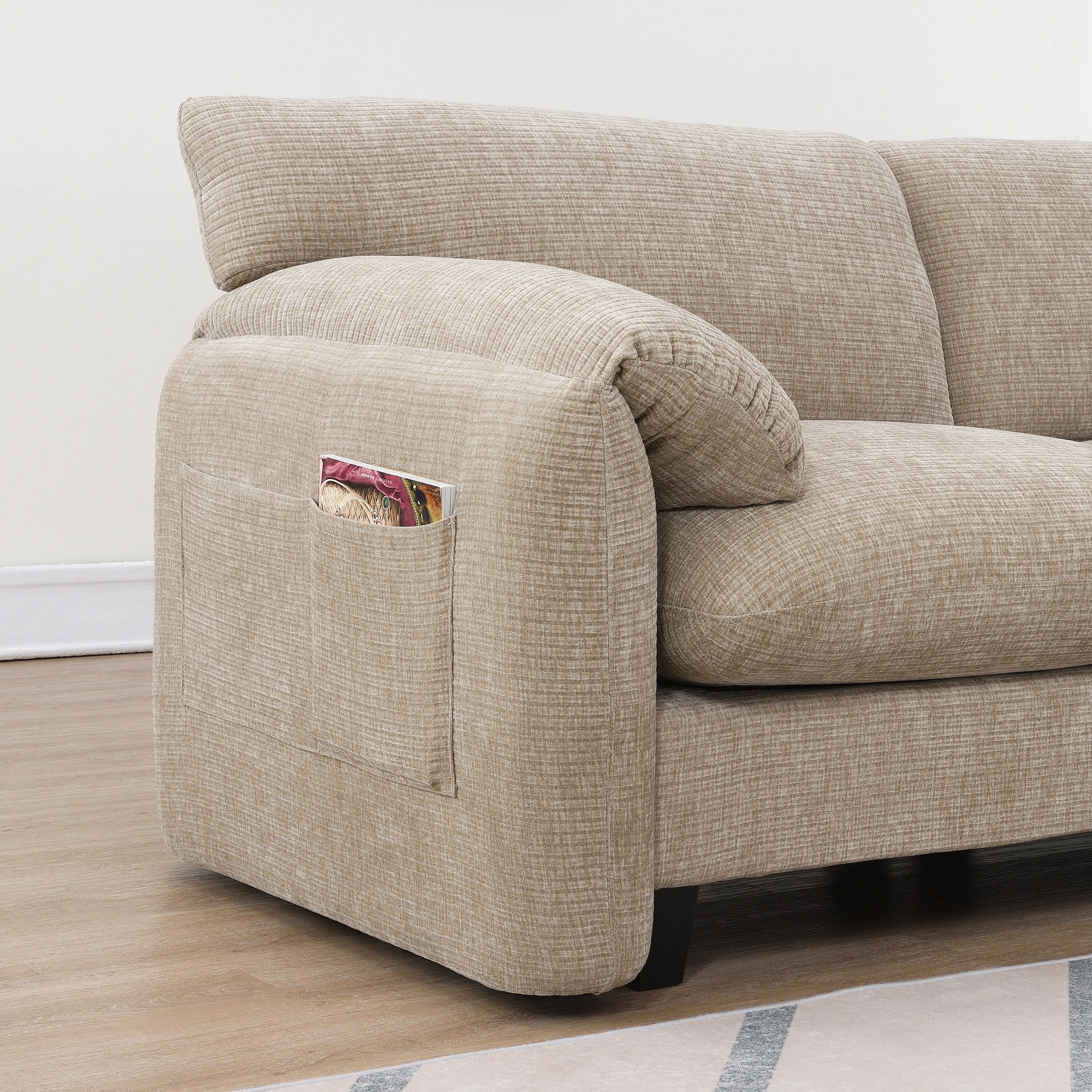 Canapé sectionnel modulaire en chenille de 108 pouces avec ports USB et Type-C, supports de téléphone, poches de rangement latérales et pouf amovible