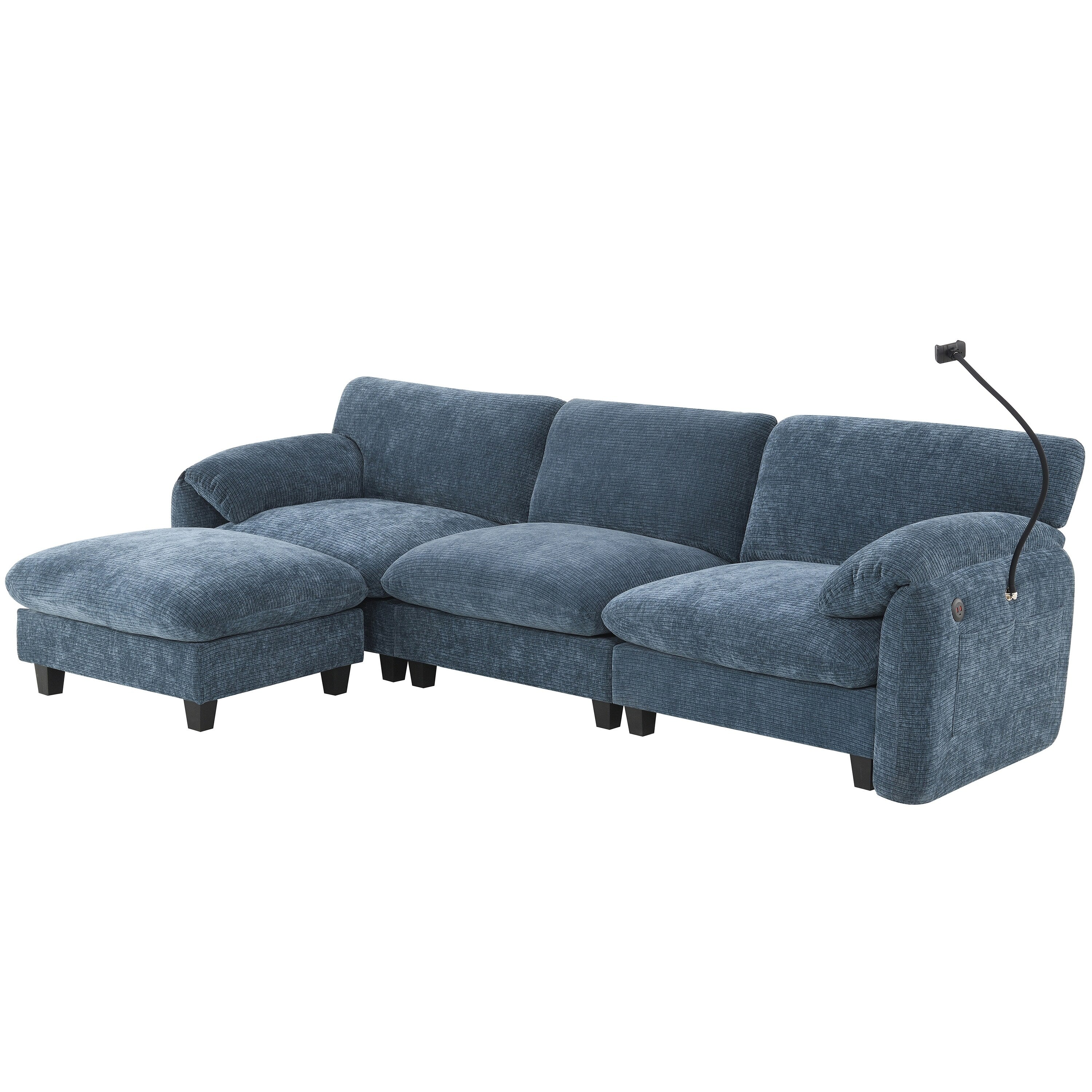 Canapé sectionnel modulaire en chenille de 108 pouces avec ports USB et Type-C, supports de téléphone, poches de rangement latérales et pouf amovible