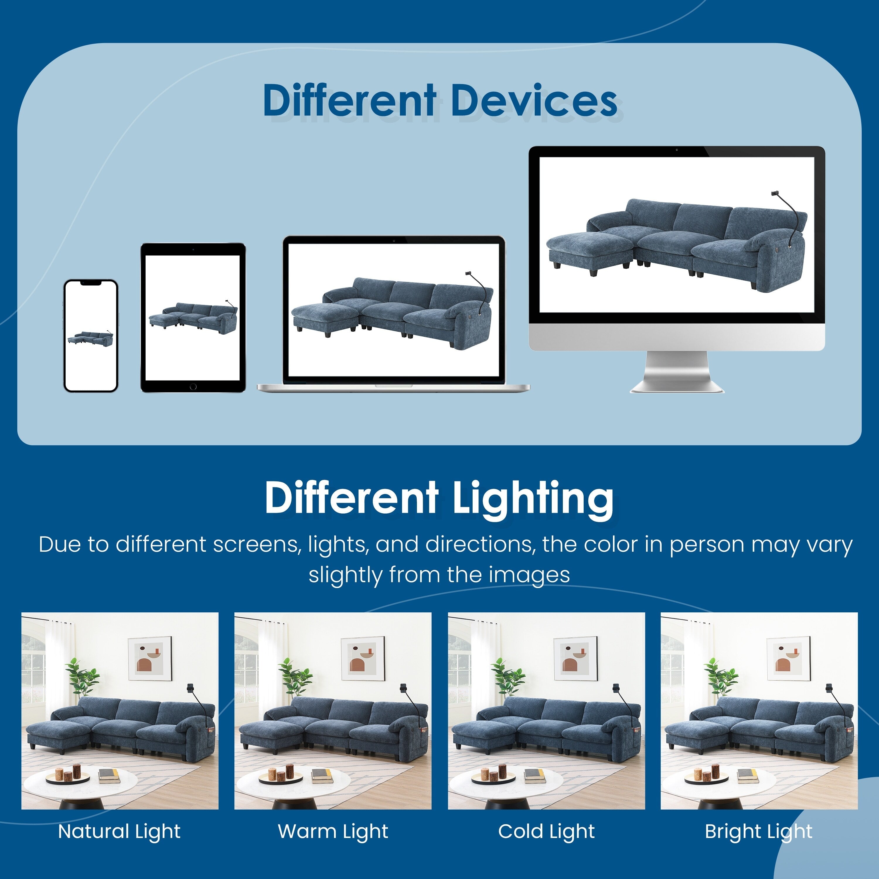 Canapé sectionnel modulaire en chenille de 108 pouces avec ports USB et Type-C, supports de téléphone, poches de rangement latérales et pouf amovible