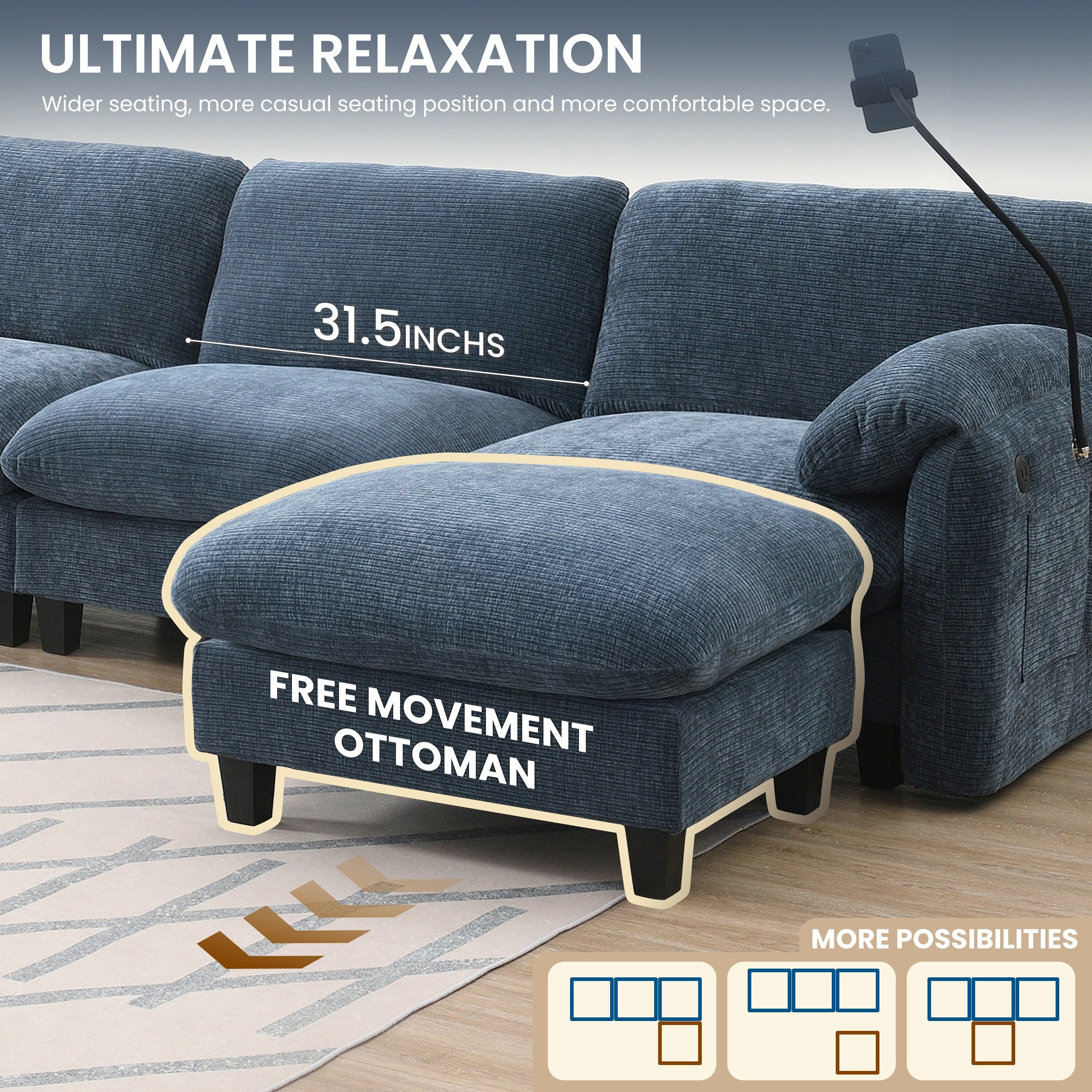 Canapé sectionnel modulaire en chenille de 108 pouces avec ports USB et Type-C, supports de téléphone, poches de rangement latérales et pouf amovible