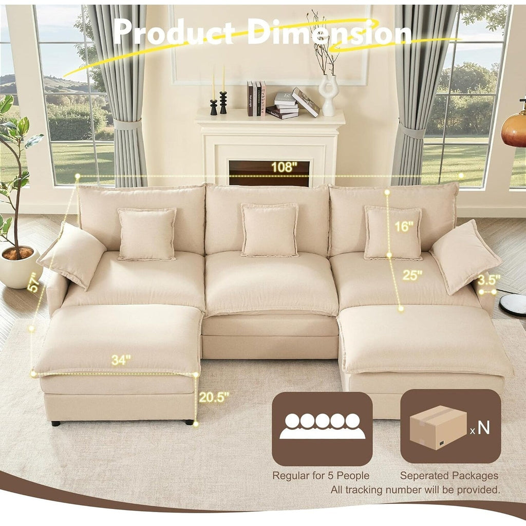 Canapé modulaire sectionnel en L 108 - Canapé Cloud 3 places avec pouf amovible et assise profonde, tissu en lin beige