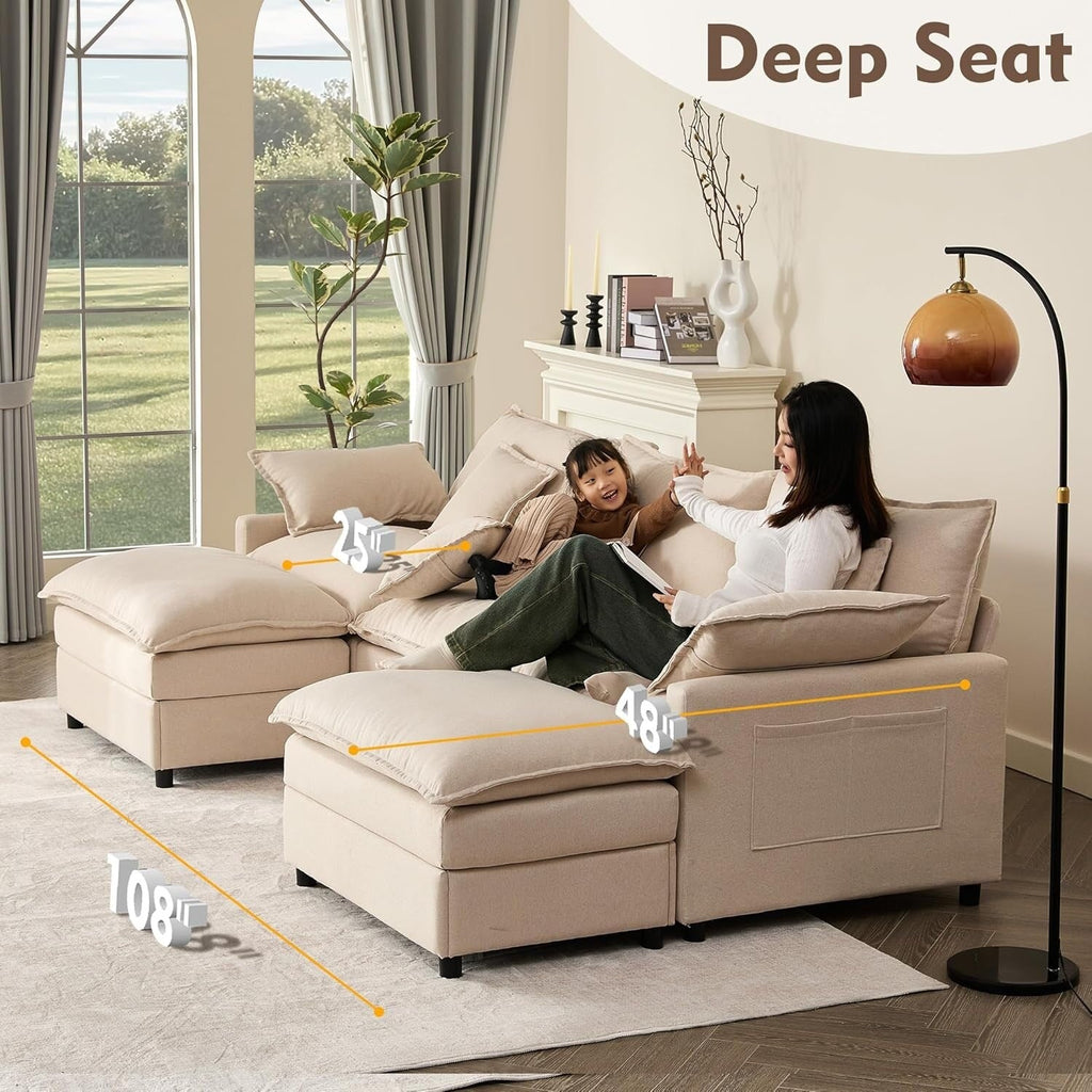 Canapé modulaire sectionnel en L 108 - Canapé Cloud 3 places avec pouf amovible et assise profonde, tissu en lin beige