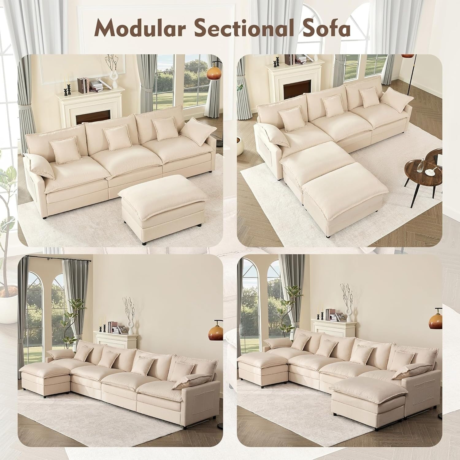 Canapé modulaire sectionnel en L 108 - Canapé Cloud 3 places avec pouf amovible et assise profonde, tissu en lin beige
