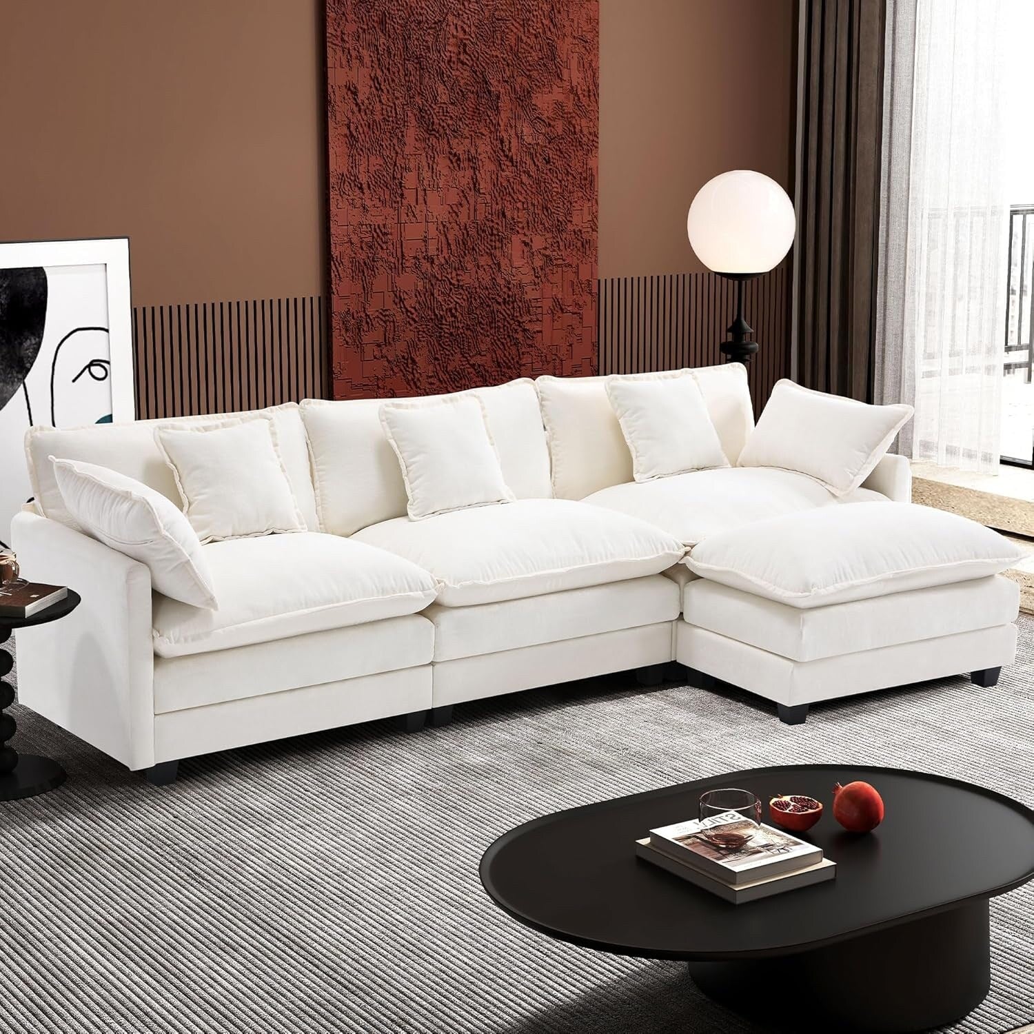 Canapé sectionnel Cloud en L 111.4 avec pouf - Canapé 4 places en chenille pour salon