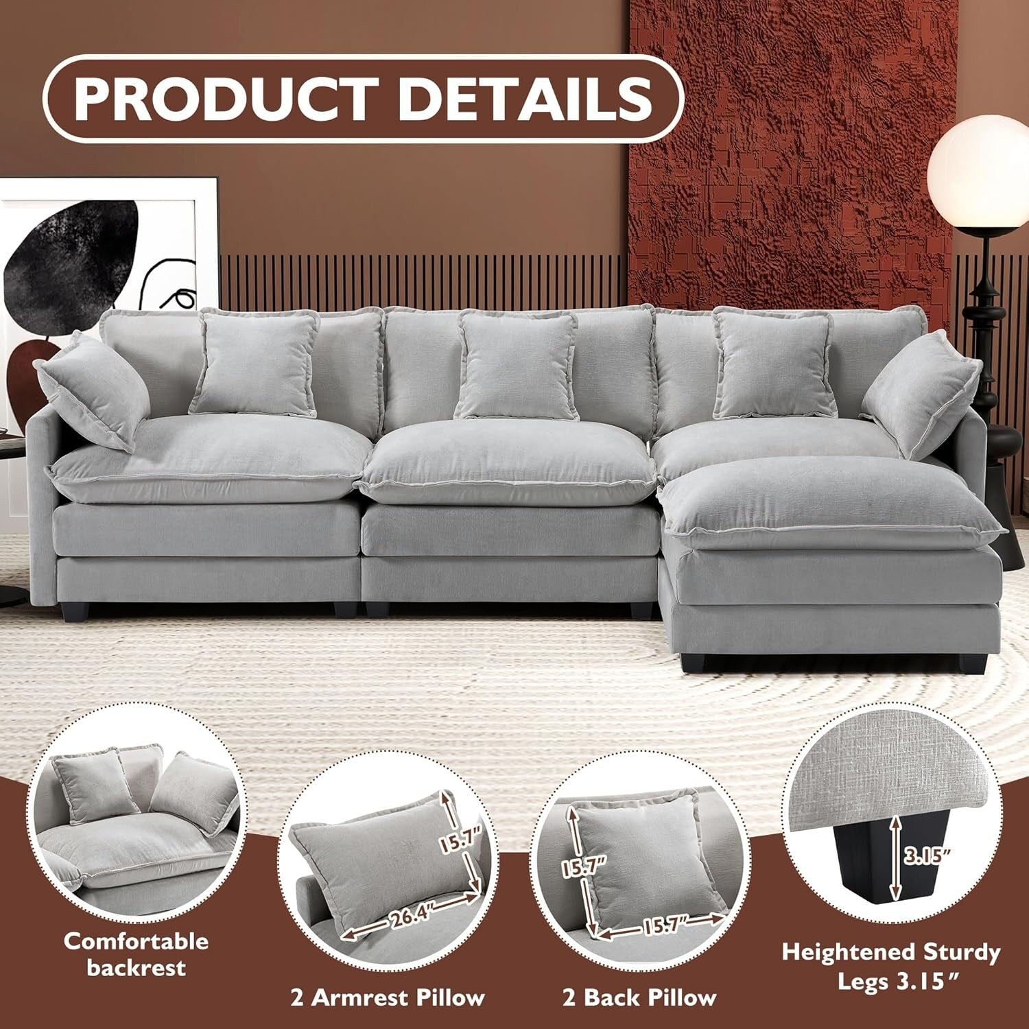 Canapé sectionnel Cloud en L 111.4 avec pouf - Canapé 4 places en chenille pour salon