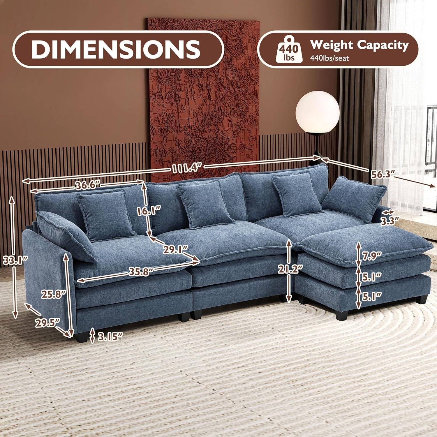 Canapé sectionnel Cloud en L 111.4 avec pouf - Canapé 4 places en chenille pour salon