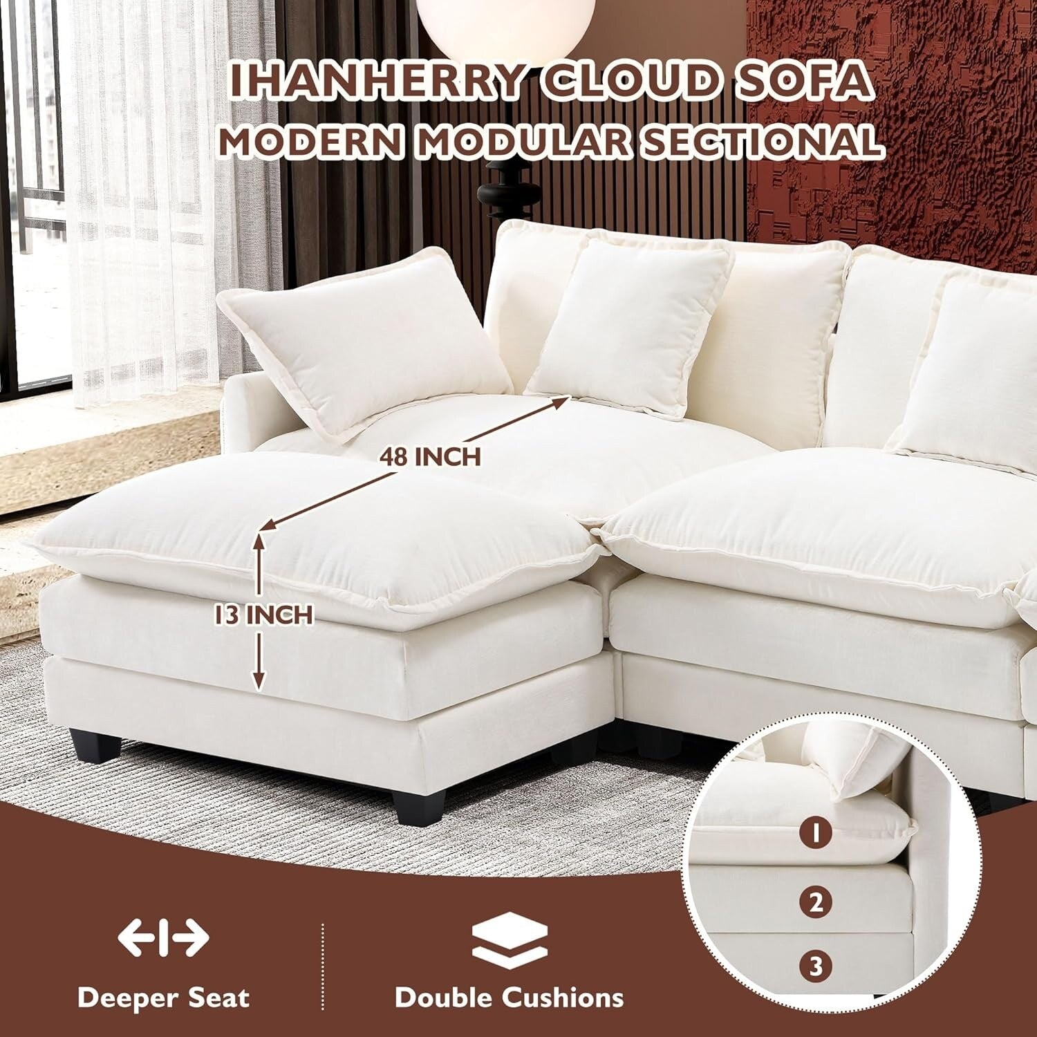 Canapé sectionnel Cloud en L 111.4 avec pouf - Canapé 4 places en chenille pour salon