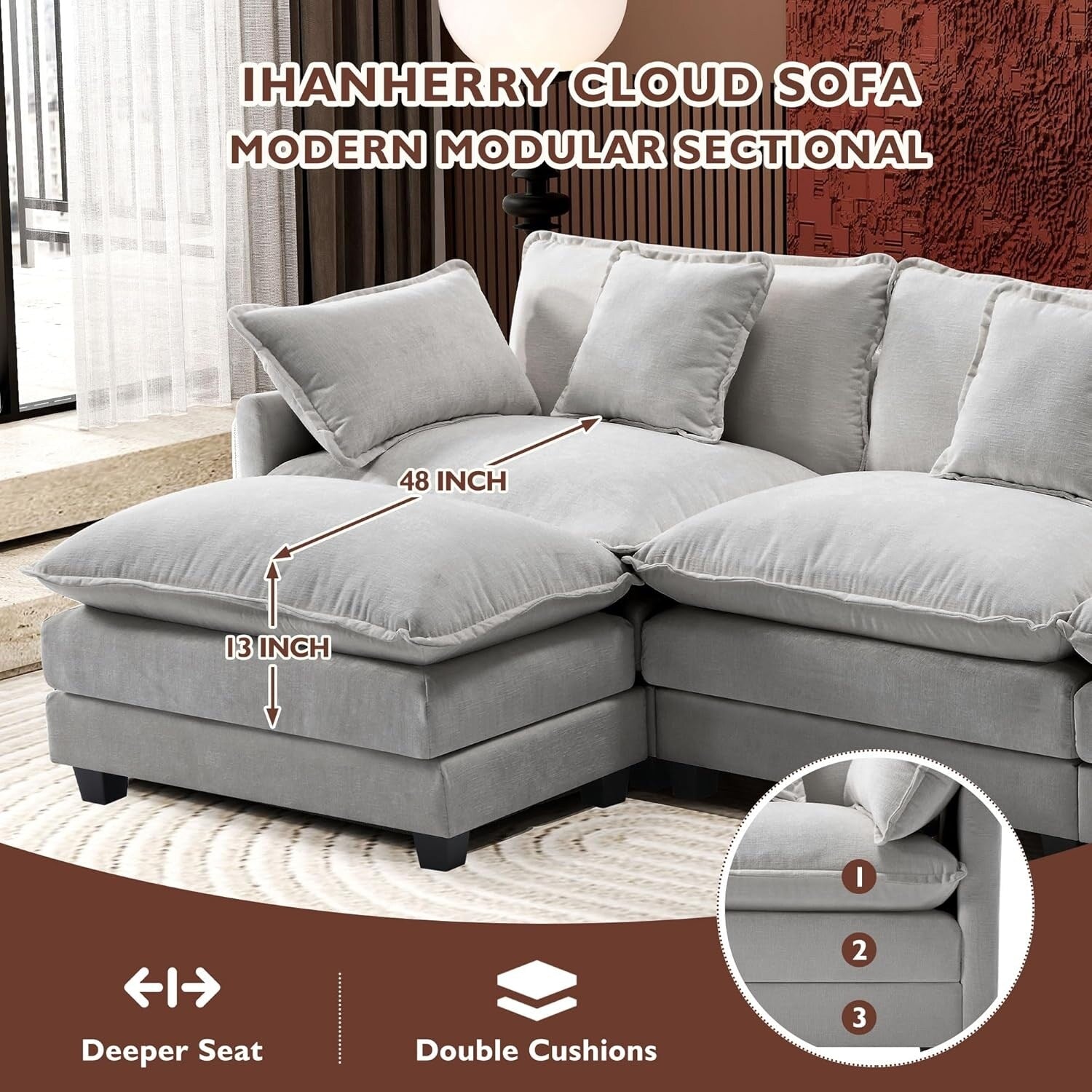 Canapé sectionnel Cloud en L 111.4 avec pouf - Canapé 4 places en chenille pour salon