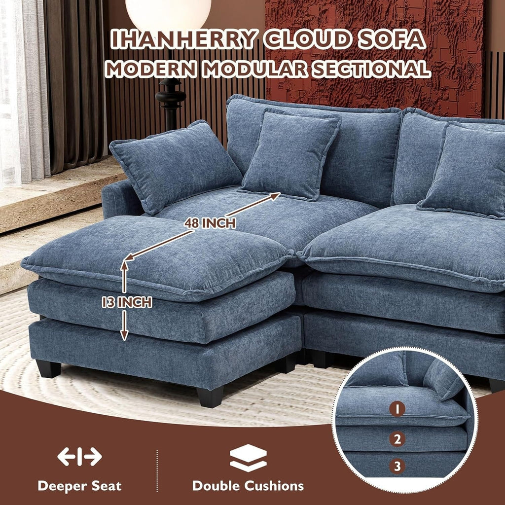 Canapé sectionnel Cloud en L 111.4 avec pouf - Canapé 4 places en chenille pour salon