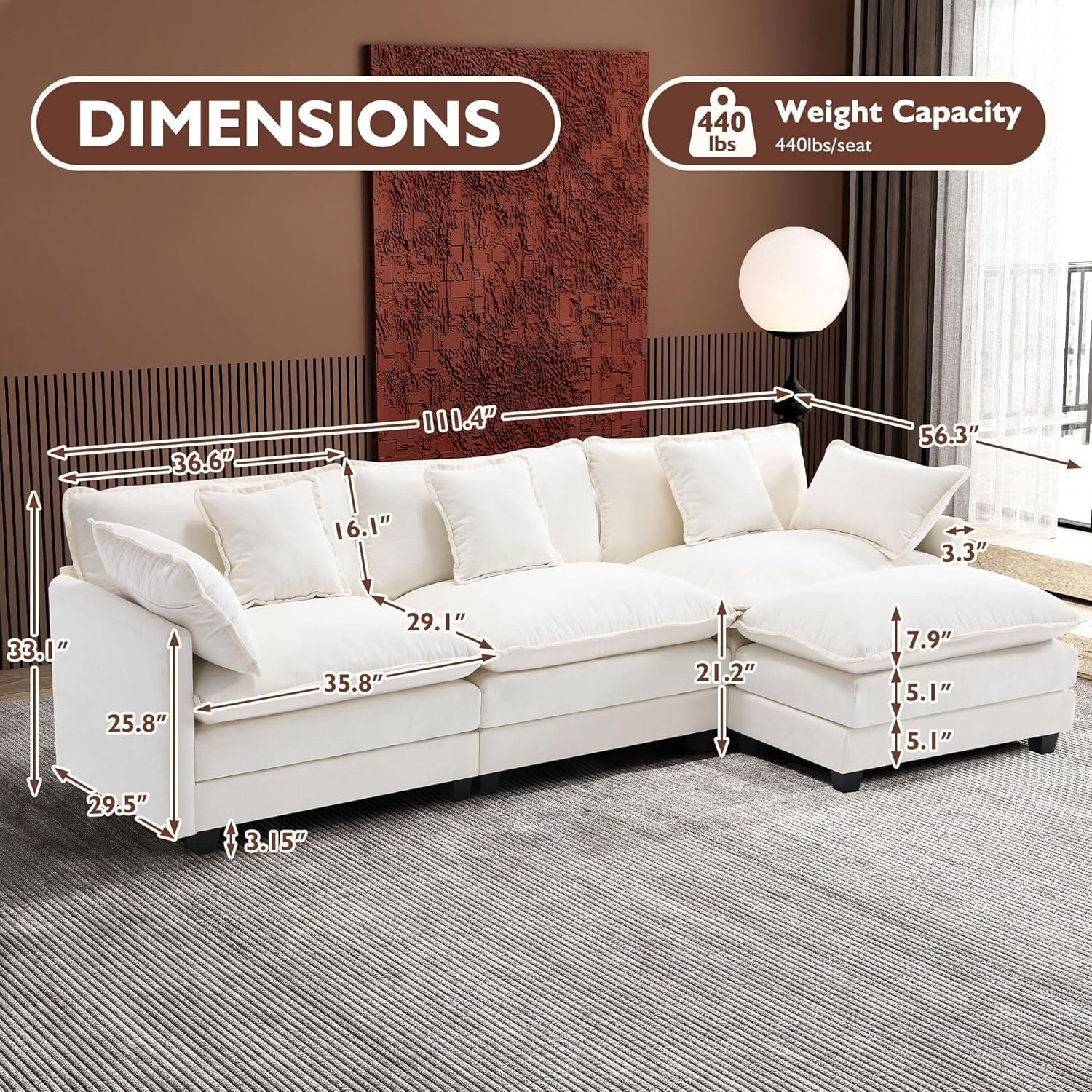 Canapé sectionnel Cloud en L 111.4 avec pouf - Canapé 4 places en chenille pour salon