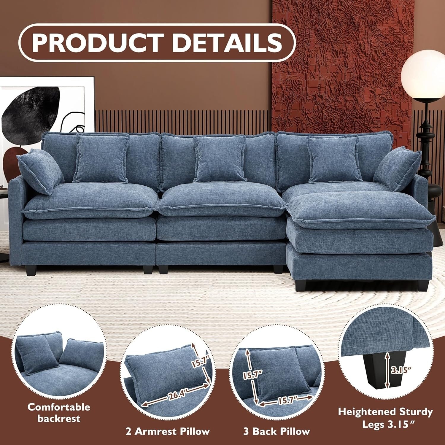 Canapé sectionnel Cloud en L 111.4 avec pouf - Canapé 4 places en chenille pour salon